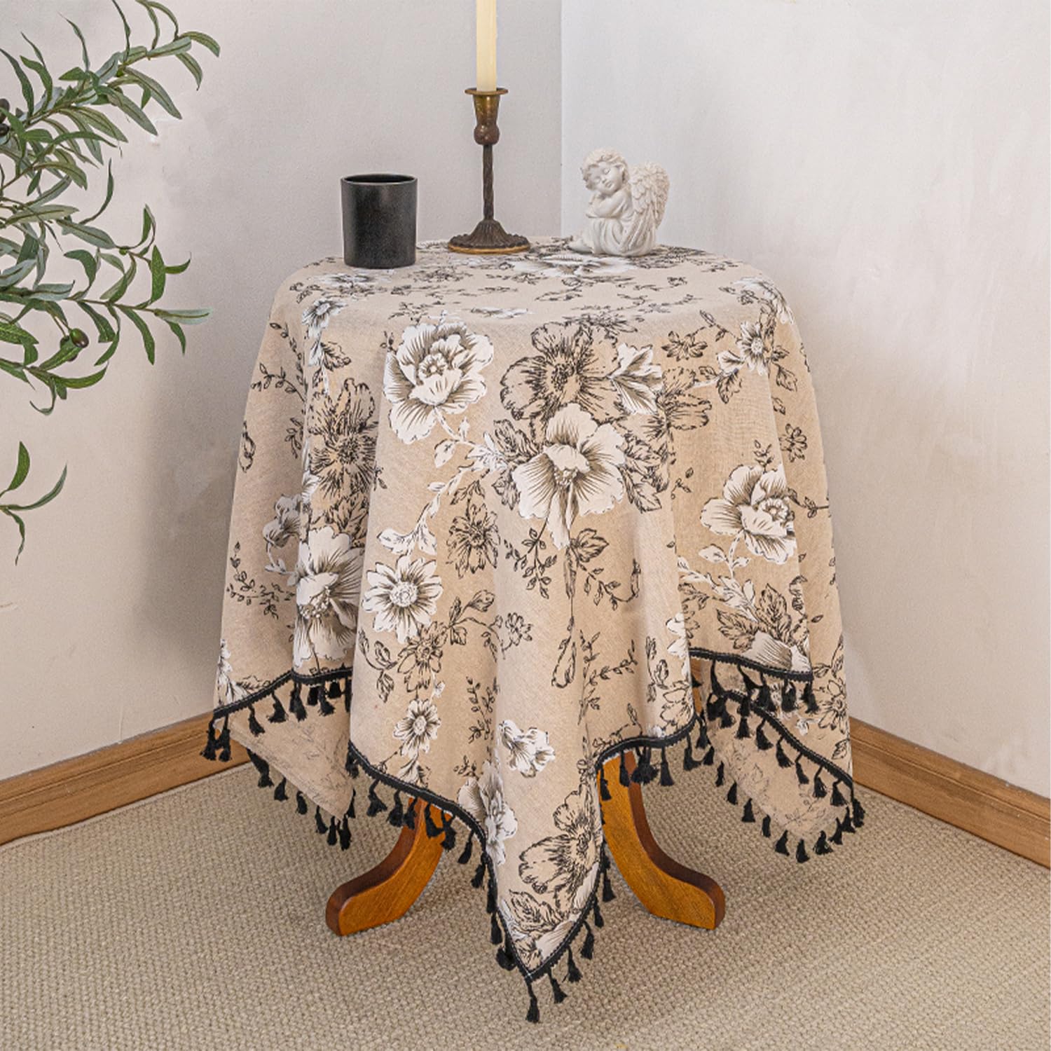 FOELANNE Embroidered Lace Tablecloth, Square Linen Tablecloth Floral Tassels French Rustic cover Multiple Sizes(140x140cm)