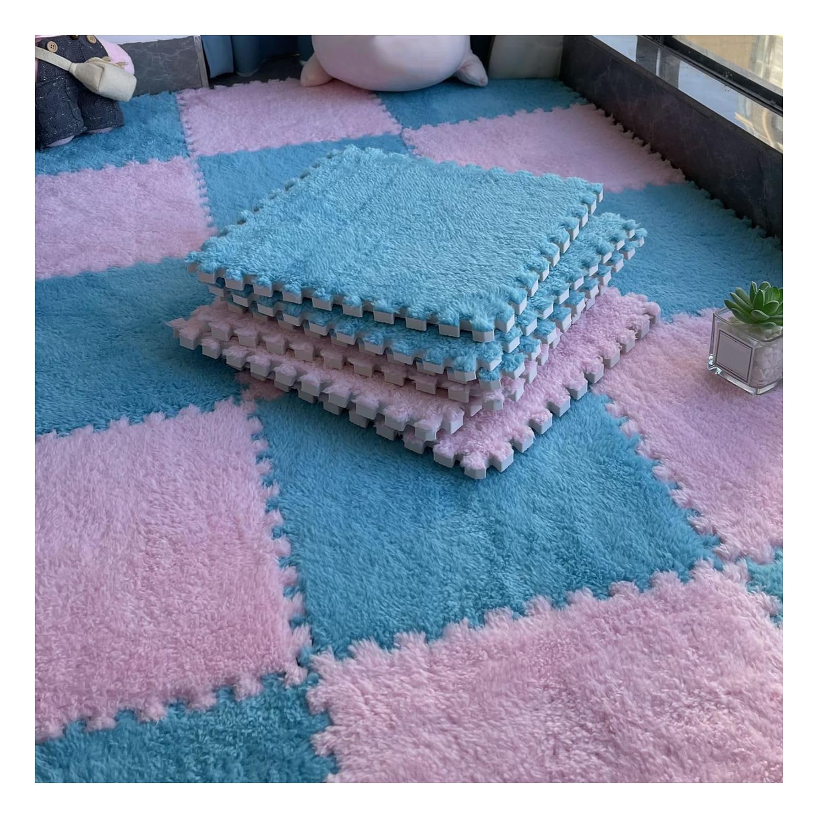 Puzzlematte Schaumstoff-Puzzle-Bodenmatte, Packung mit 10 ineinandergreifenden Schaumstoff-Teppichfliesen, Mehrfarbig, 30,5 x, cm(Blue+pink)
