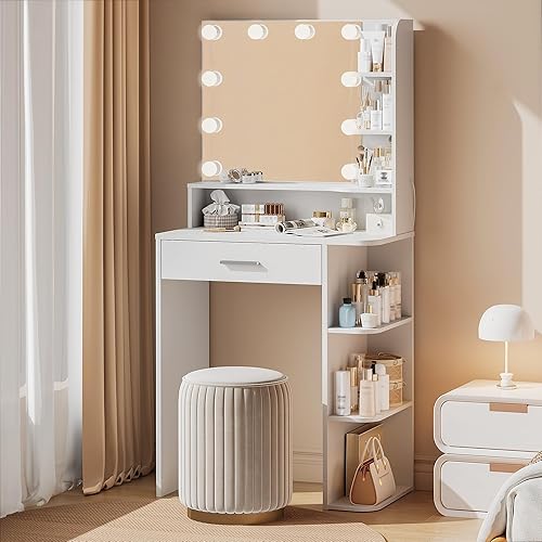 Small Makeup Vanity Desk with Mirror and Lights, Makeup Vanity Desk with Lights with Large Drawer and 6 Shelves, White Vanity with 3 Color Lighting Modes (White)
