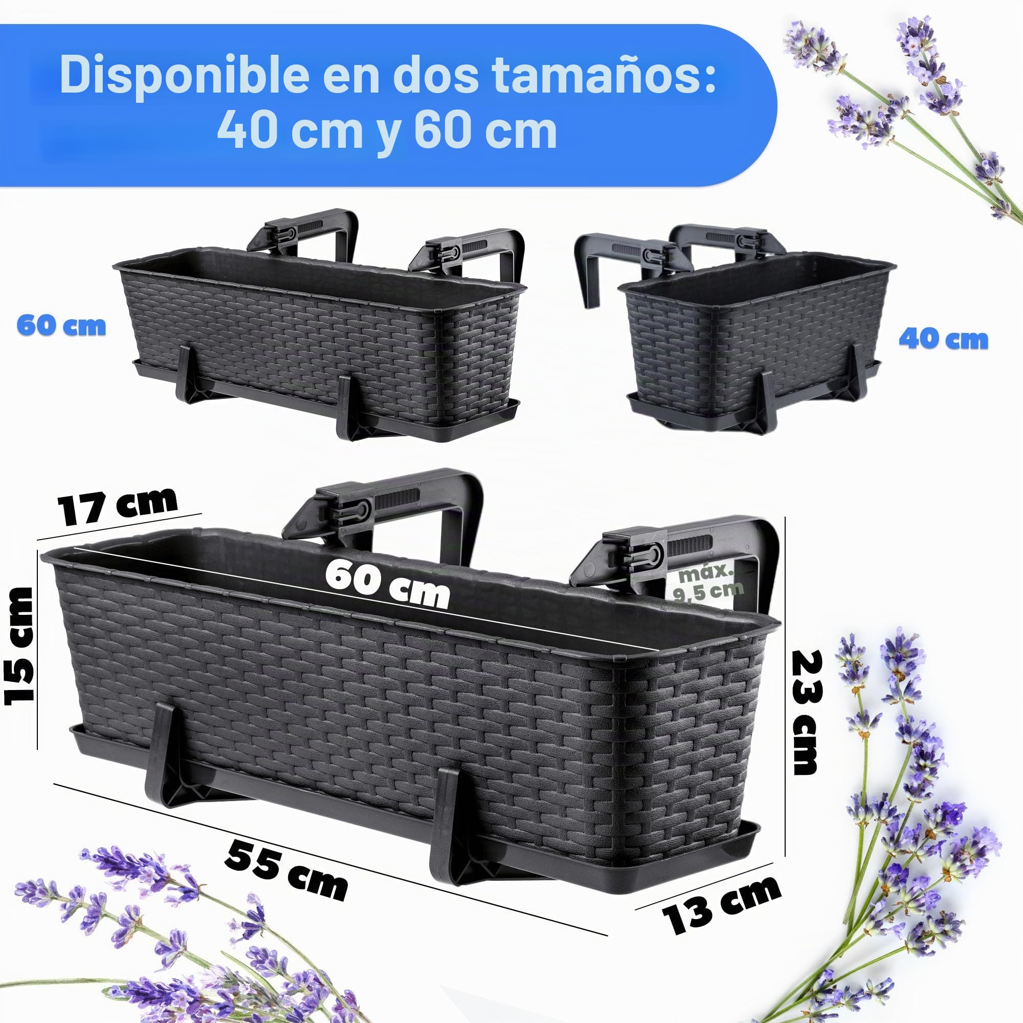 KADAX Maceta de Plástico Imitación Ratán, Macetero Rectangular con Platillo y Soportes para Exterior, Jardinera Colgante para Balcón (Antracita, 60 cm, Aprox. 12L)