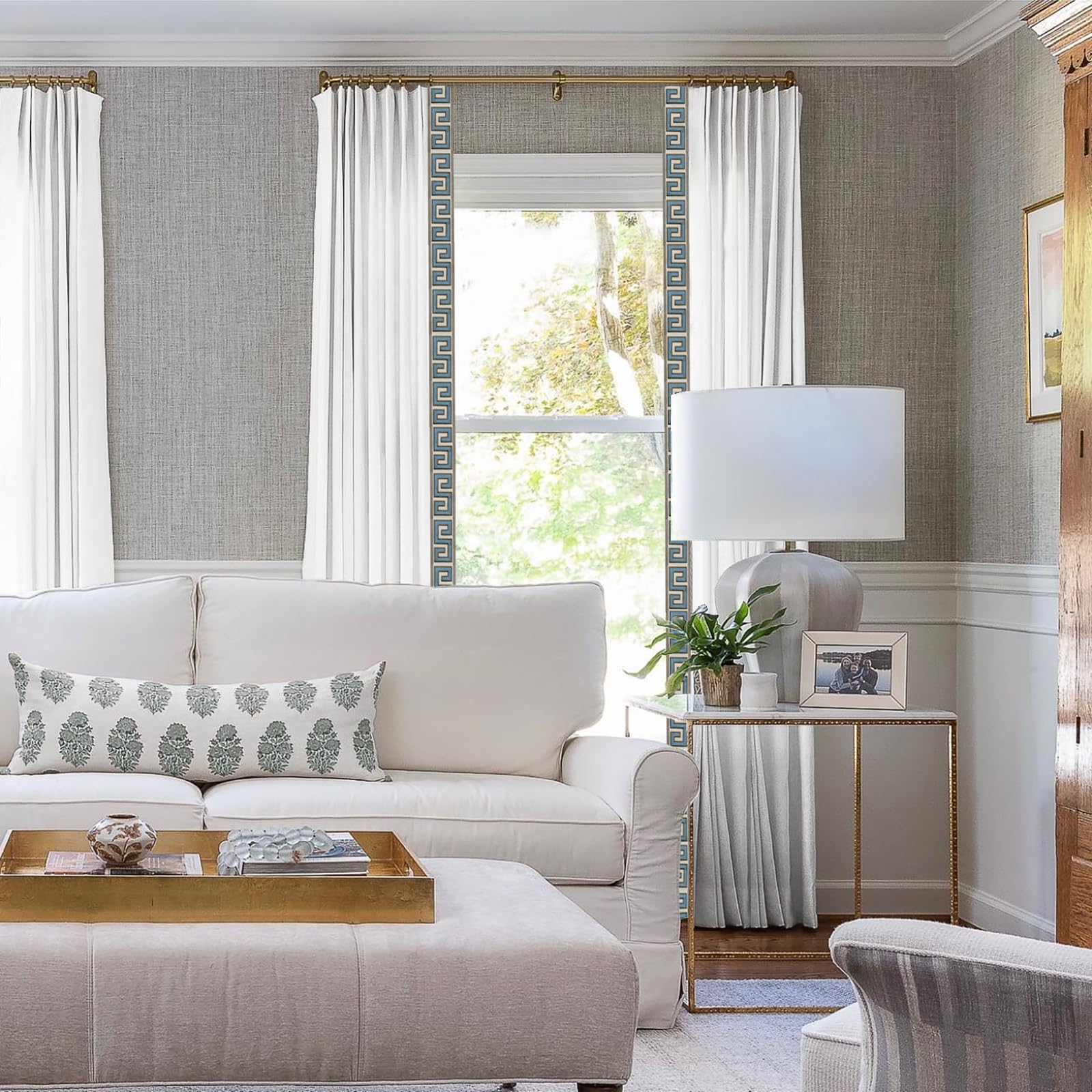 Gewvary Natural Linen Embroidered Border Curtains, Rod Pocket Back Tab Room Light Filtering Indoor Privacy Window Panel, Suitable for Bedrooms and