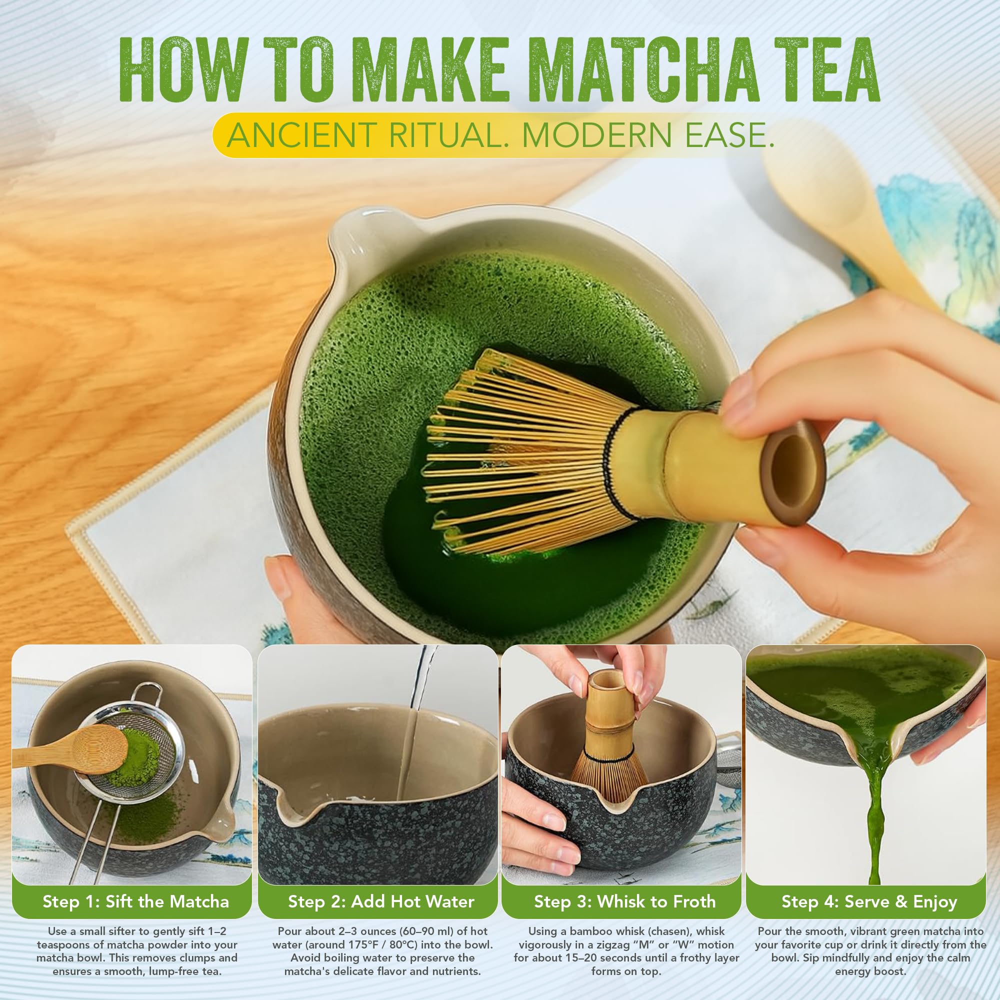 Juego de batidores Matcha de 7 piezas, incluye polvo de matcha de grado ceremonial de 30 g, tamiz de metal, batidor de bambú, soporte para batidor, cuchara de bambú, paño de té, cuenco de