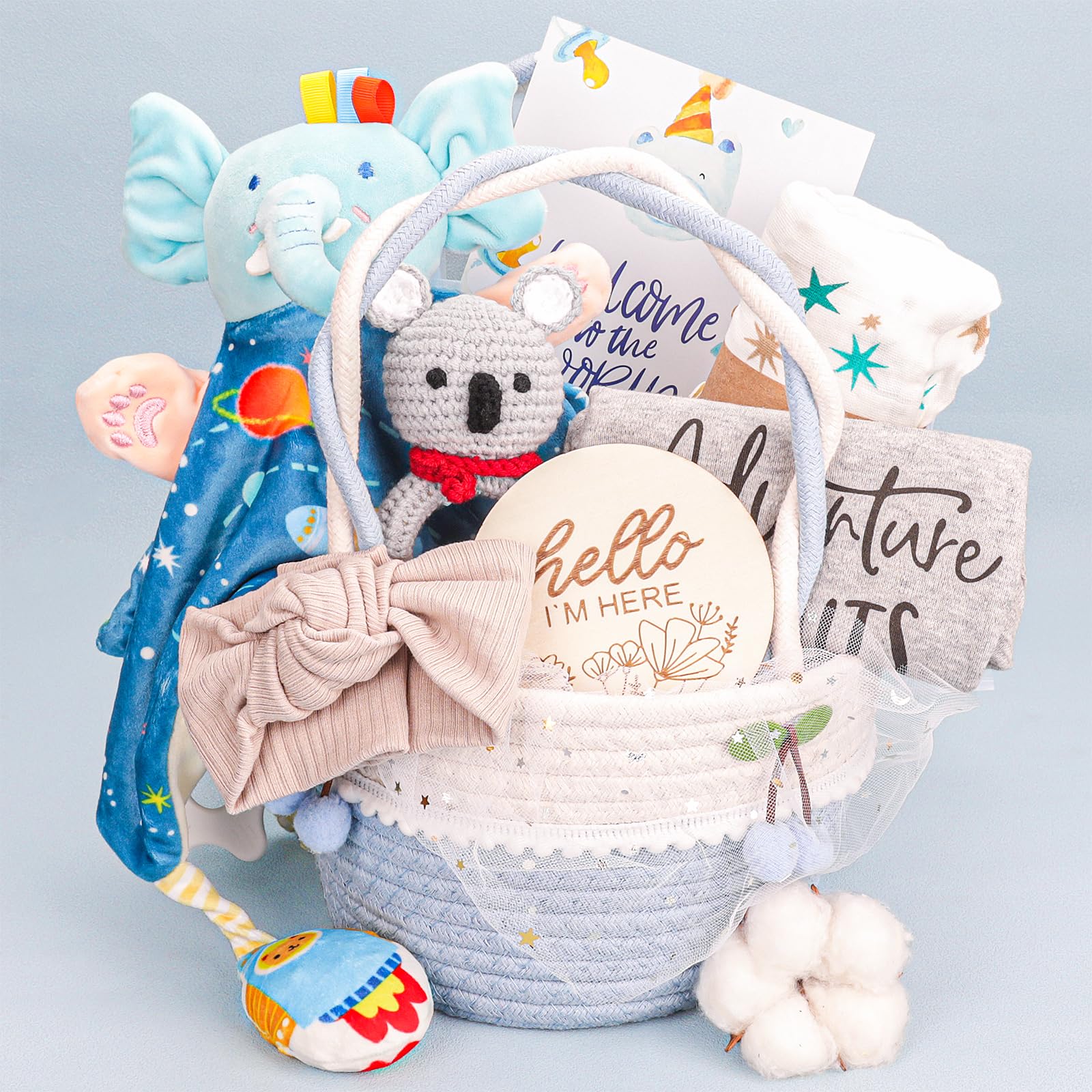 Baby Boy Gifts Basket,Baby Shower Gifts for Boys,New Born Baby Boys Gift,Gender Reveal Gifts,Unique Baby Gift Essential Stuff,Rattle Swaddle Blanket Baby Boys Gifts