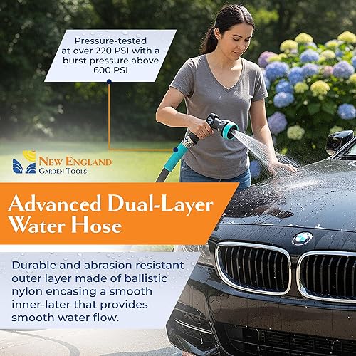 Miniatura 5 de Manguera de jardín plana (25 pies x 58 pulgadas), ligera, chaqueta de fibra duradera, flexible y sin torceduras, manguera de agua no expandible,