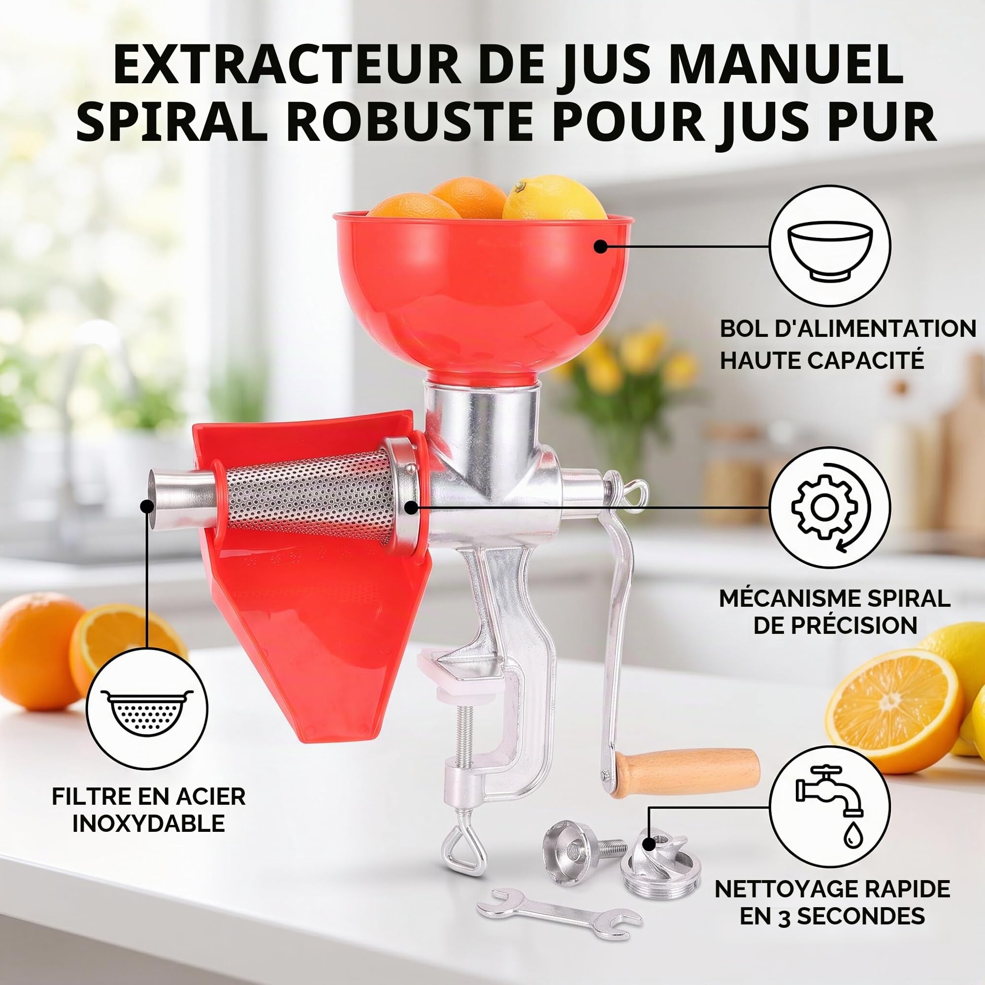 Presse-agrumes manuel à levier, grande capacité, avec filtre en acier inoxydable permet d'extraire les jus d'agrumes de tomates et de légumes facile à installer et à nettoyer