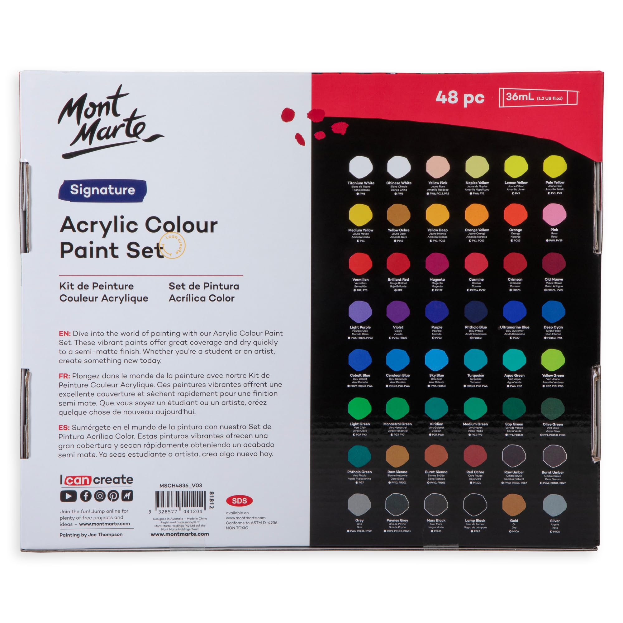 Mont Marte Acrylfarben Set Premium – 48 Stück, 36ml Tuben – Ideal für Acrylmalerei – Brillante Lichtechte Farben mit großer Deckkraft