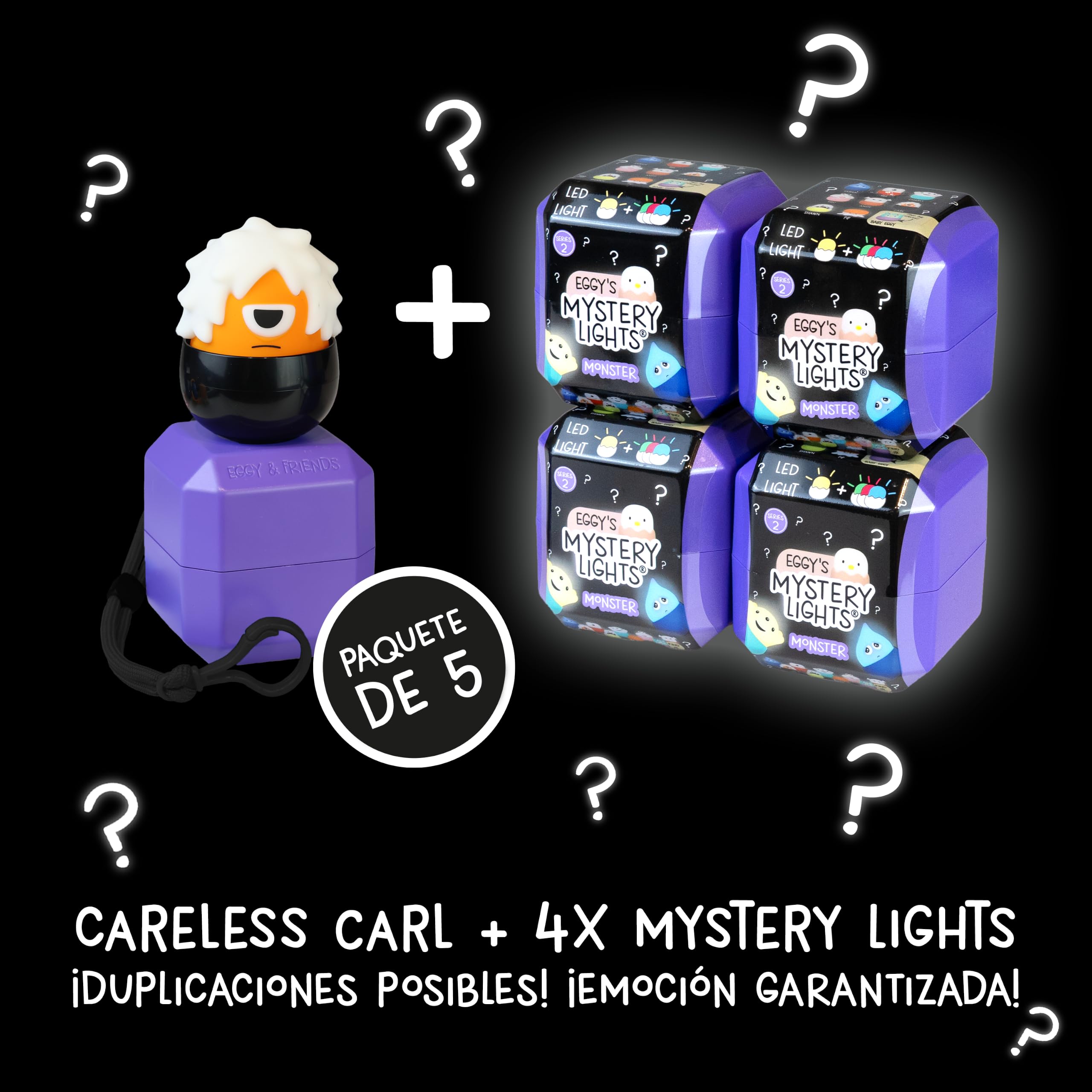 MegaLight Blind Box Mini Luces de Noche para Niños Pack de 5 | Serie 2 | Monster | Mystery Box | Careless Carl + 4 de 9 per Random | Batería USB-C | Recargables | Regulable | EGGYS Mystery Lights