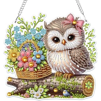 MOGTAA 5 D Diamond Painting Pendant Owl Diamond Painting with Chain Children Adults Animals Diamond Painting Window Pictures Hanging Ornament Craft Set for Wall and Entrance Decor