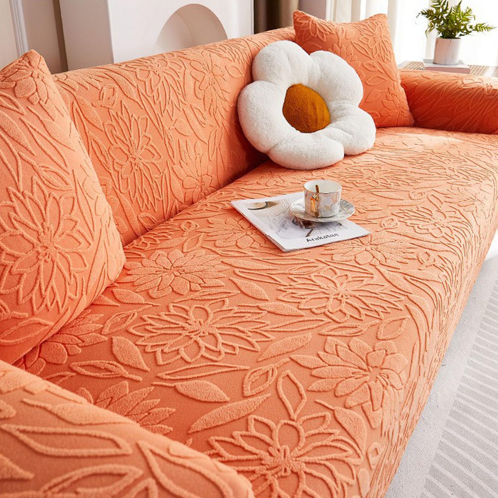 Hixingo Floral Pattern Anti-Slip Anti-Scratch Sofa Cover,1 2 3 4 Seater Couchcover Stretch Sofa Covers,Full Coverage Settee Protector Soft Protector for Living Room Home Decor (Orange,1 Seater)