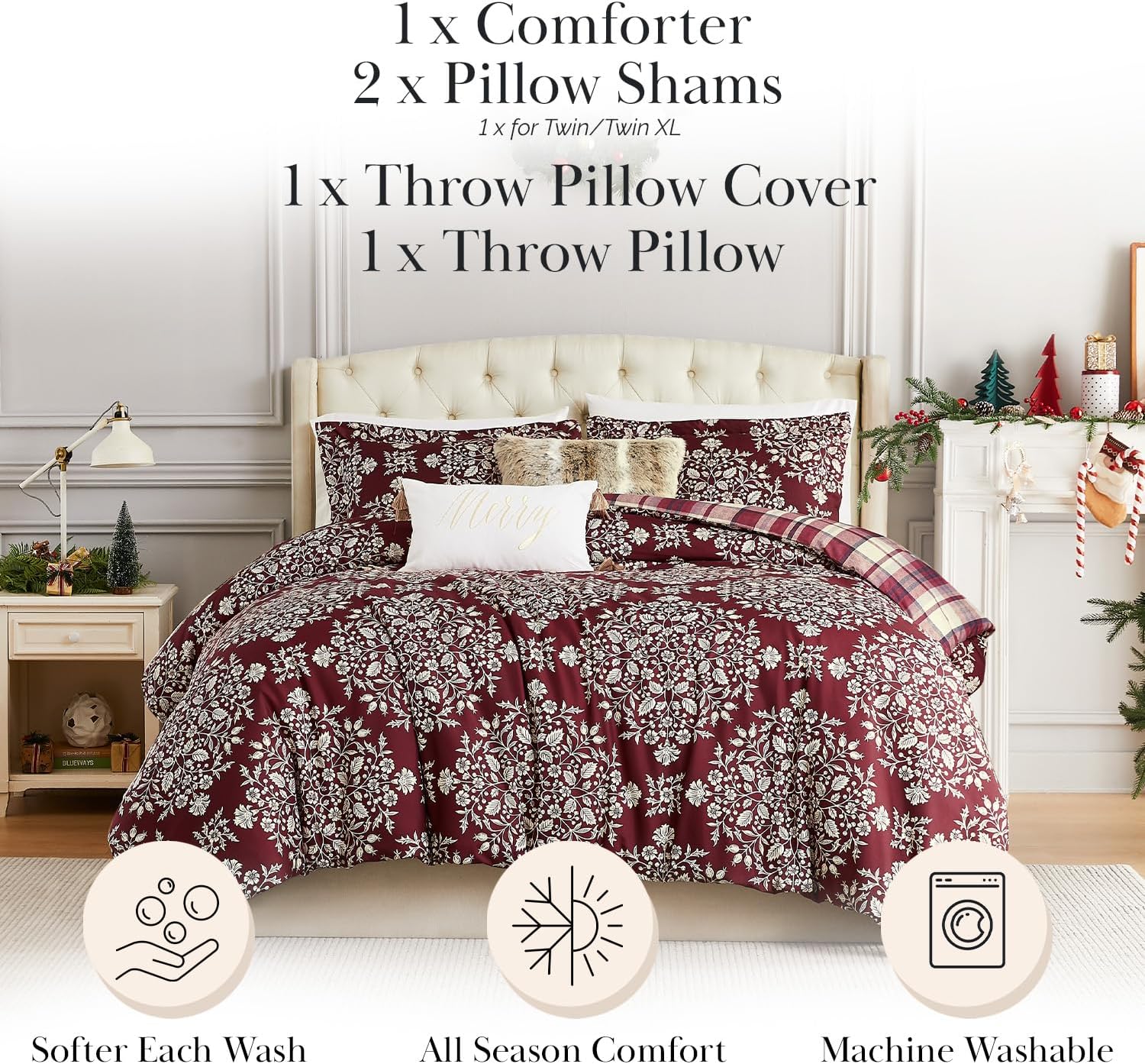 southshore fine living, inc. 5-piece christmas comforter set king, red & white christmas bedding set, plaid comforter queen/full, 2 throw pillows, 2 shams, holiday bedding - christmas carol  king christmas carol