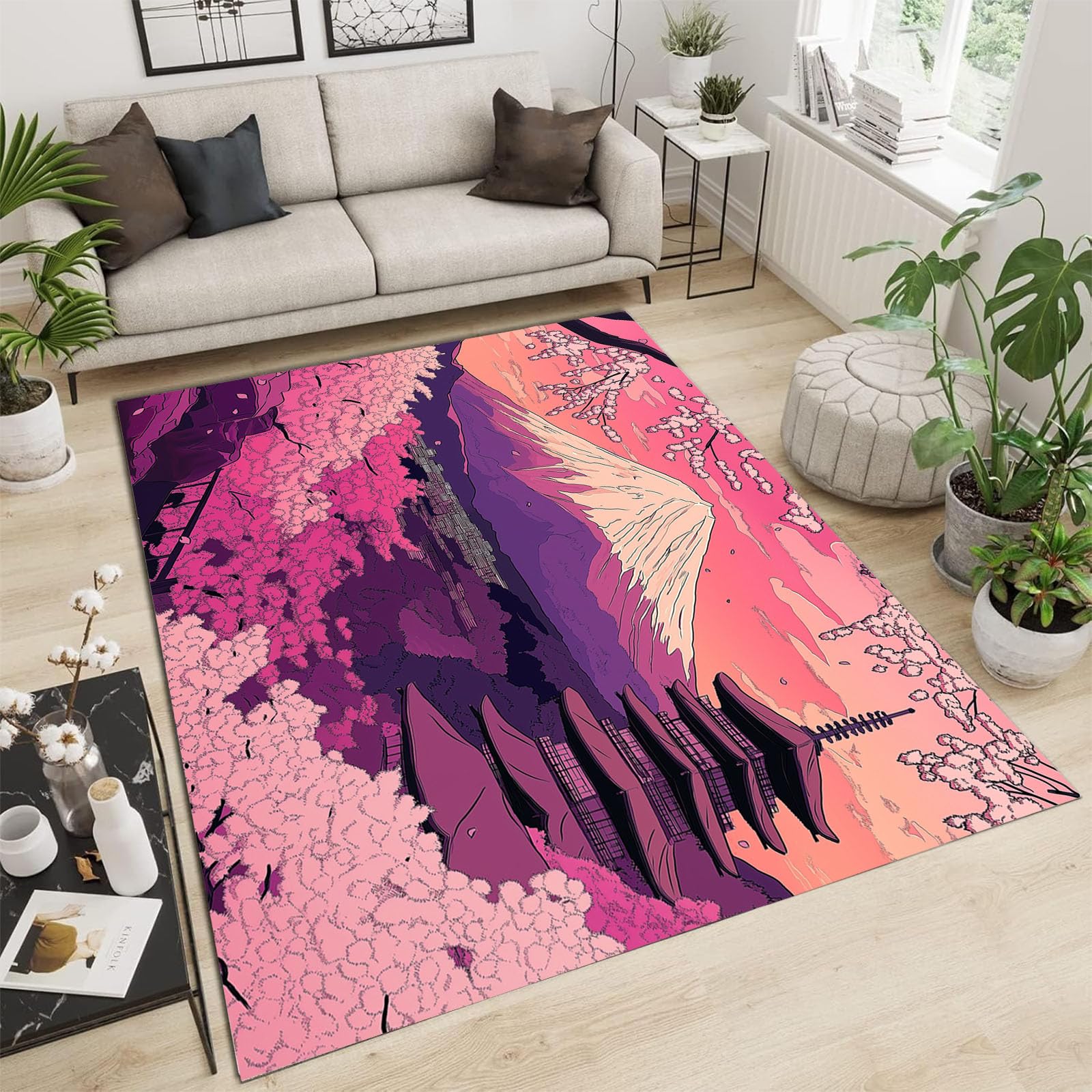 Tapis de sol moderne Mont Fuji en moquette douce grand format 200x300 cm