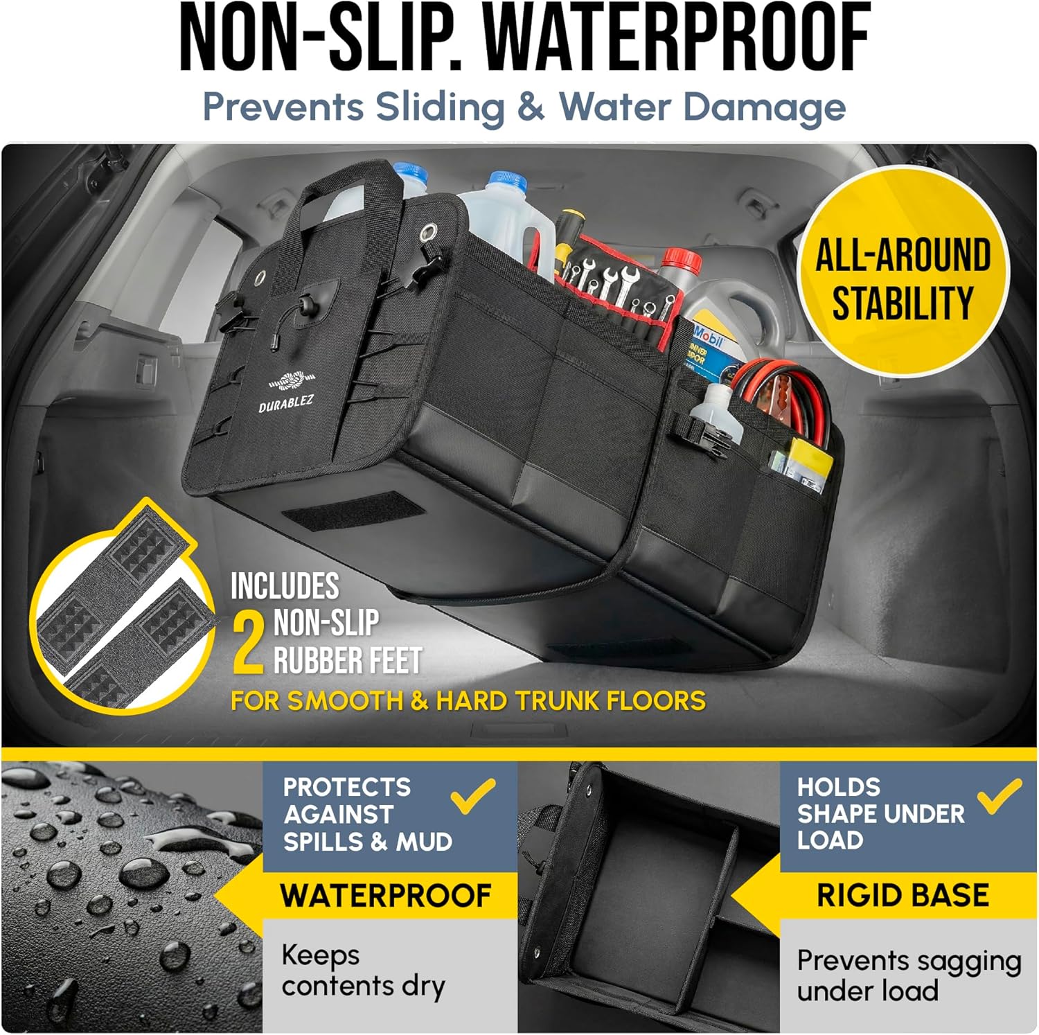 2-Section Trunk Organizer Foldable Car Storage Bin – Compact Dual-Compartment Auto Organizer with Cover Net, Non-Slip Pads, Heavy Duty Oxford 1680D – Black