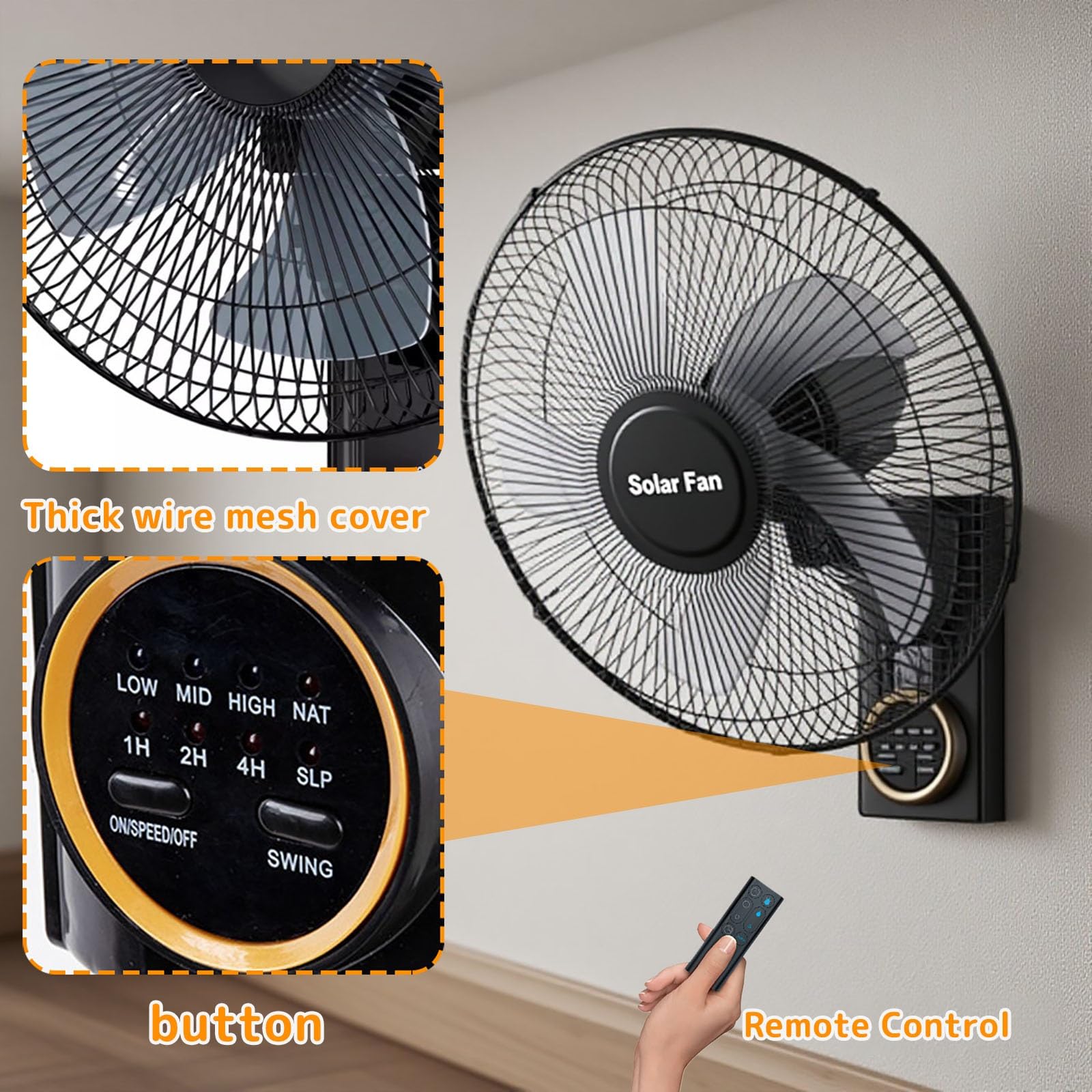 Ventilateur Solaire Mural Silencieux Télécommande, 3 Vitesses Oscillant Avec Minuterie, Inclinaison Réglable, Intérieur Extérieur, Panneau Solaire Ou Prise