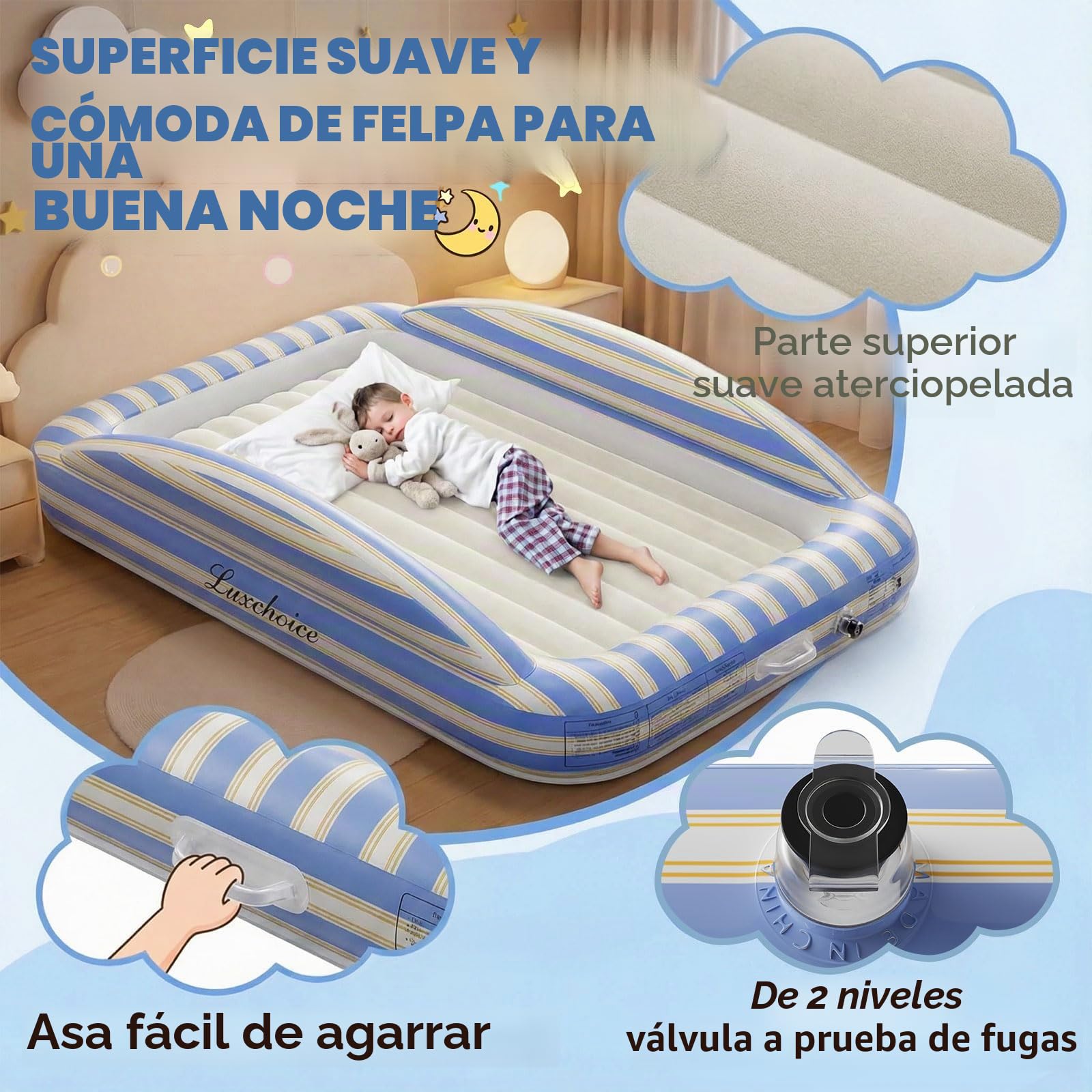 Luxchoice Colchón Hinchable para Niños con Bomba Eléctrica - Colchón de Viaje Inflable Portátil con Barandillas de Seguridad Superficie Suave Aterciopelada para Viajes, Pernoctaciones y Uso Doméstico