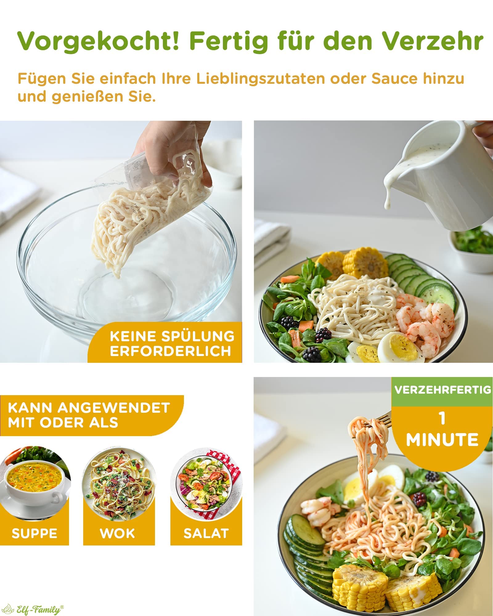 Premium Konjak Nudeln aus Thailand Vegan Glutenfrei-240g x72er Box(144 pack), Elf-Family Shirataki Nudeln Instant Nudeln Pasta/Keto/Low Carb/Kalorienarme/Zuckerfrei -Spaghetti & Fettuccine
