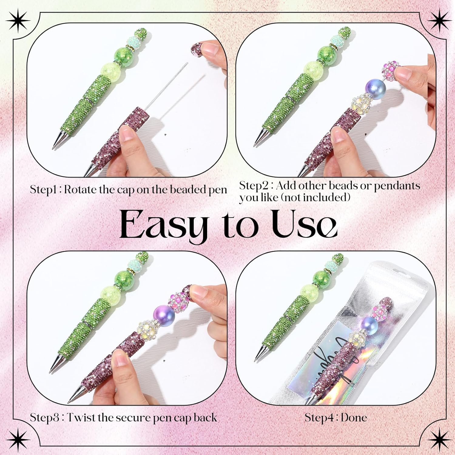 Tondiamo 45 Pcs Full Rhinestone Beadable Pens Bulk Set 15 Glitter Diamond Pens with Cards & Bags Fancy Beaded Pen for Beads DIY Cute Journalling Bling Ballpoint Craft Making(AB Colored Diamonds)