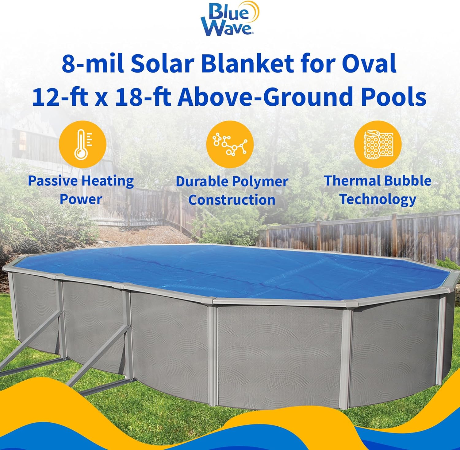 Blue Wave 12-ft x 18-ft Oval Pool Solar Blanket - 8-mil Solar Pool Cover with Thermal Bubbles to Retain Heat and Reduce Evaporation – Fade Resistant Pool Solar Cover for Above Ground Pool - Blue