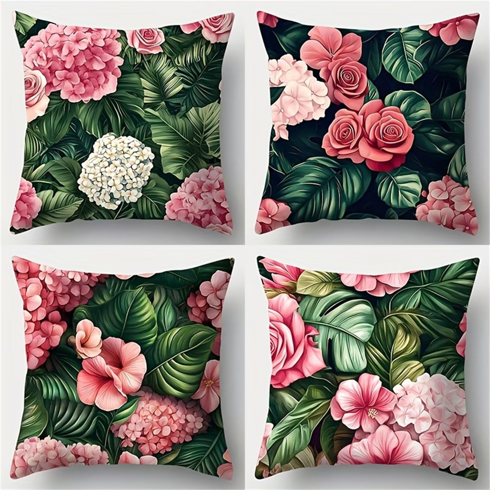 QiHon Pink Hydrangea Cushion Covers 30x30 cm Set of 4, Decorative Throw Pillow Cases, 12x12 inch Square Linen Pillowcases for Sofa Living Room Bedroo