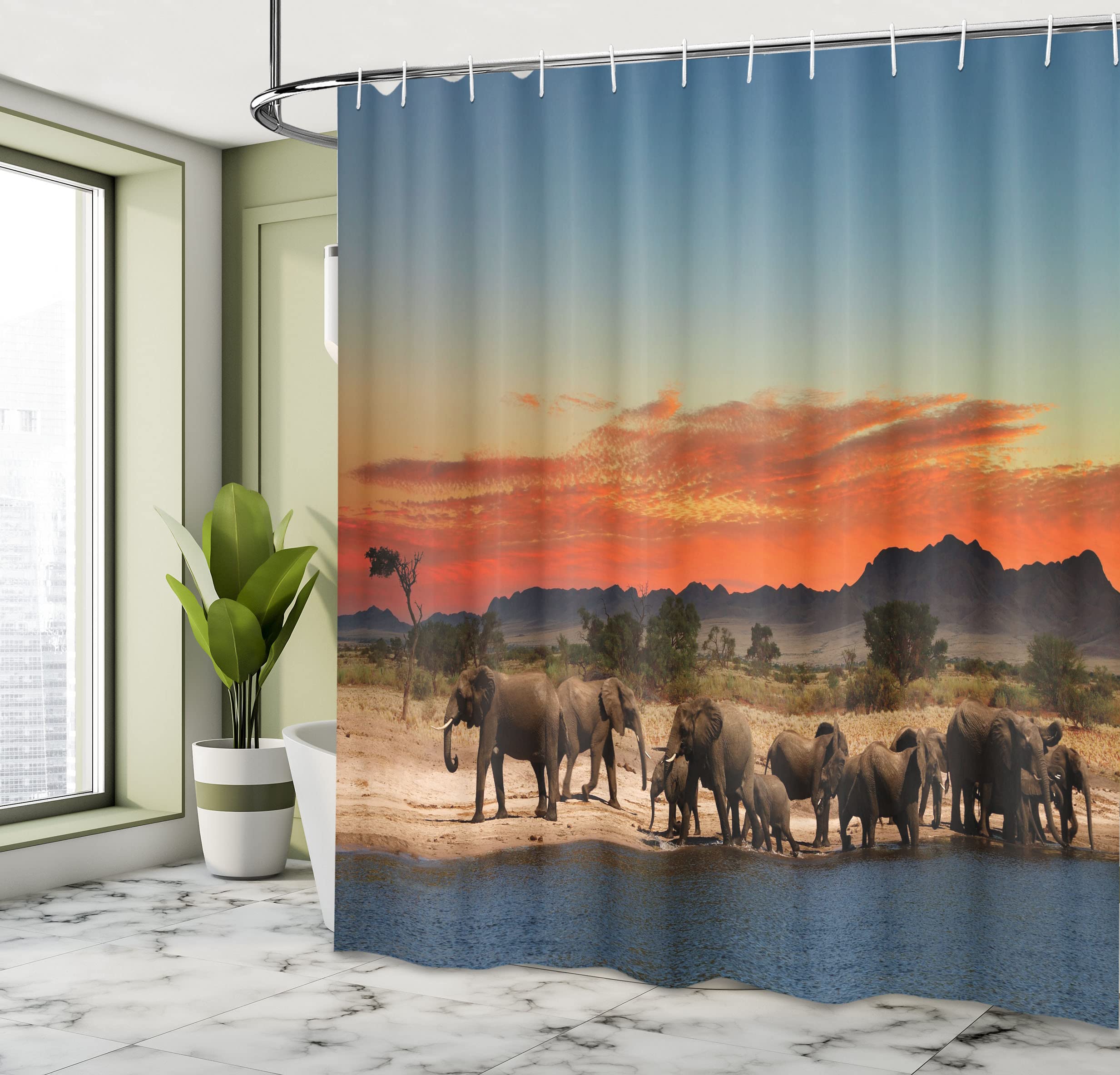 ABAKUHAUS Safari Shower Curtain, Herd of Elephants Watering in Wilderness at Sunset Image Print - Image 4