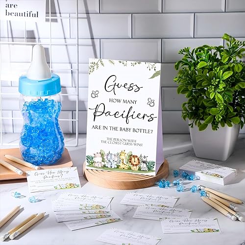 Miniatura 4 de Roowest 512 piezas de juegos de baby shower Adivina cuántos chupetes letrero, 100 pequeños juegos de adivinanzas, 10 lápices HB, botella de leche de