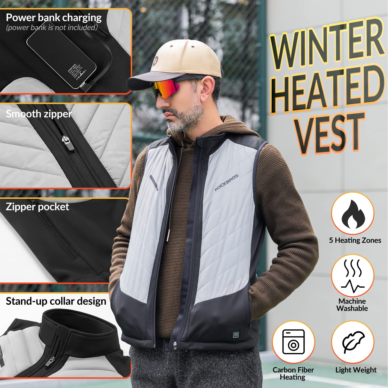 ROCKBROS Beheizte Weste USB Elektrische Heizweste mit 3 Temperaturstufen Waschbare Beheizbare Winterweste für Outdoor Radfahren, Wandern, Skifahren Herren/Damen (OHNE POWERBANK)