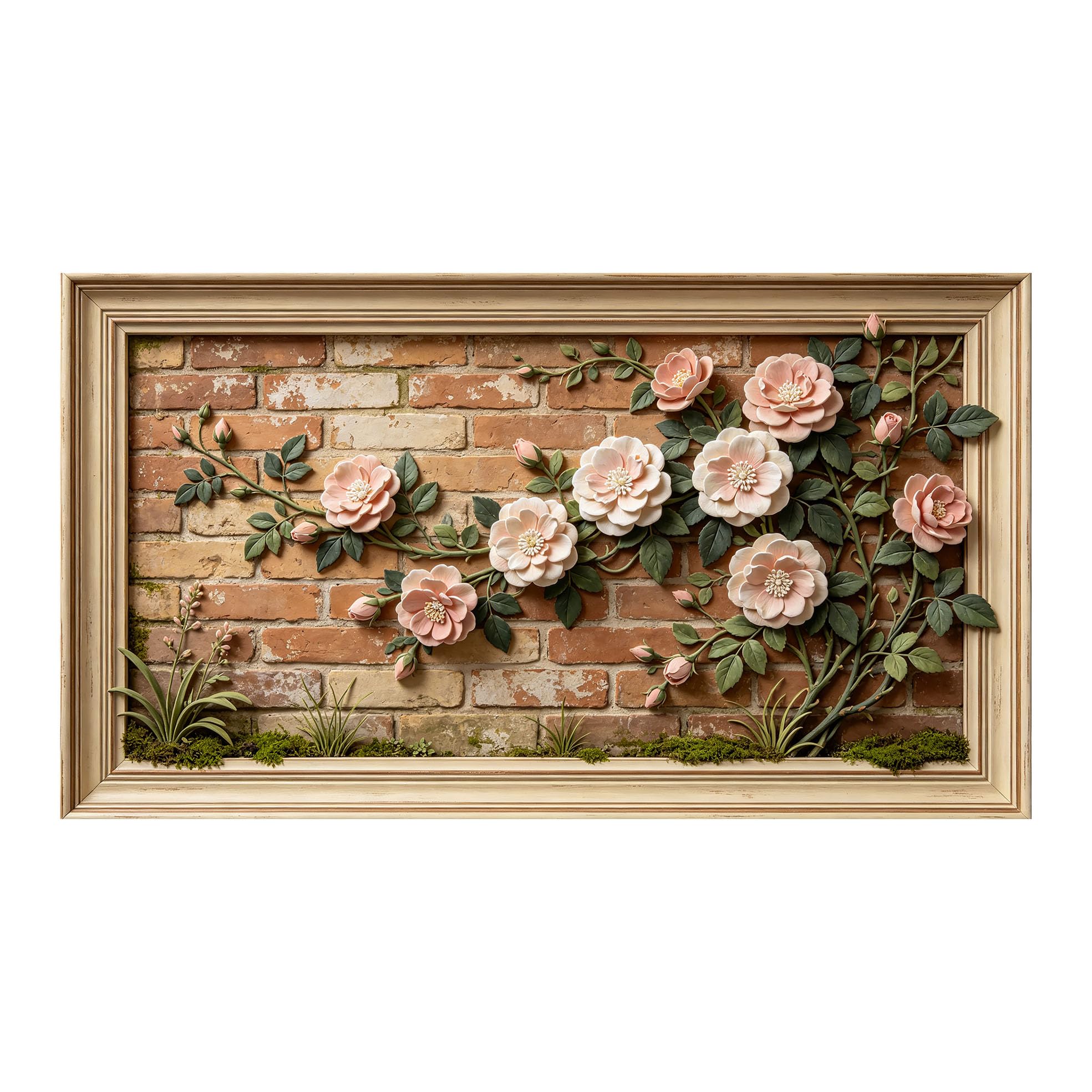 Murasolite 3D Framed Wall Art Vintage Brick Wall Floral Relief Botanical SelfAdhesive Fabric Mural Wall Decor， Peel and Stick No Damage to Wall， AntiFall Safe Design for Bedroom Living Room