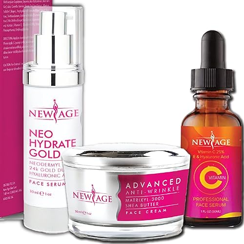 New Age Caja de belleza para el cuidado de la piel (juego de 3) Set de regalo de vitamina C e hialurónico Kit de suero para ojos Neo Hidratar Oro