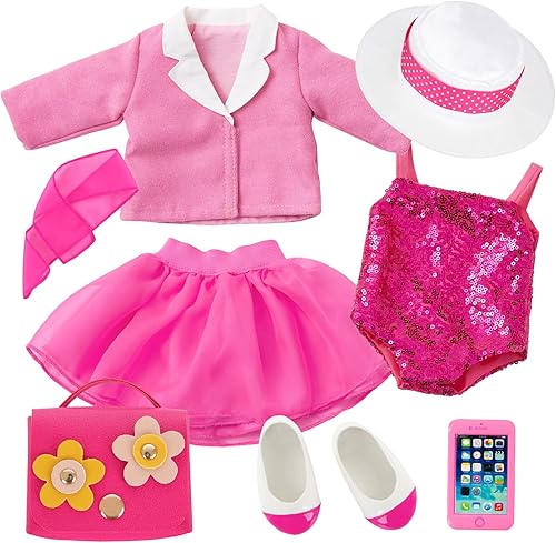 Vista 22 de ZITA ELEMENT Muñeca americana de 18 pulgadas, 14 piezas, accesorios de maquillaje con vestido para muñeca de generación, juego de belleza y ropa