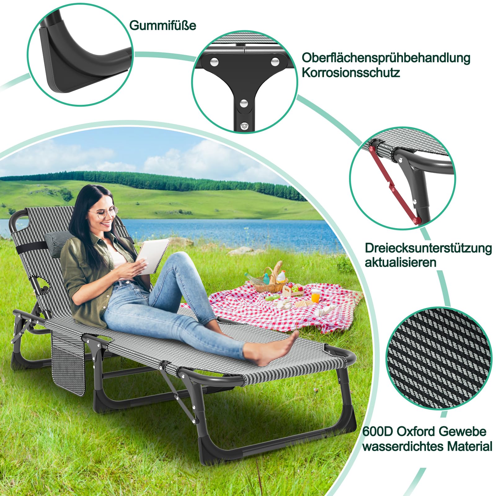 Klappbar Sonnenliege Gartenliege Klappbett, 200kg Belastbar Klappbar Liegestuhl Gästebett mit Matratze und Kopfstütze, Relaxliege für Balkon, Garten, Kann als Campingbett