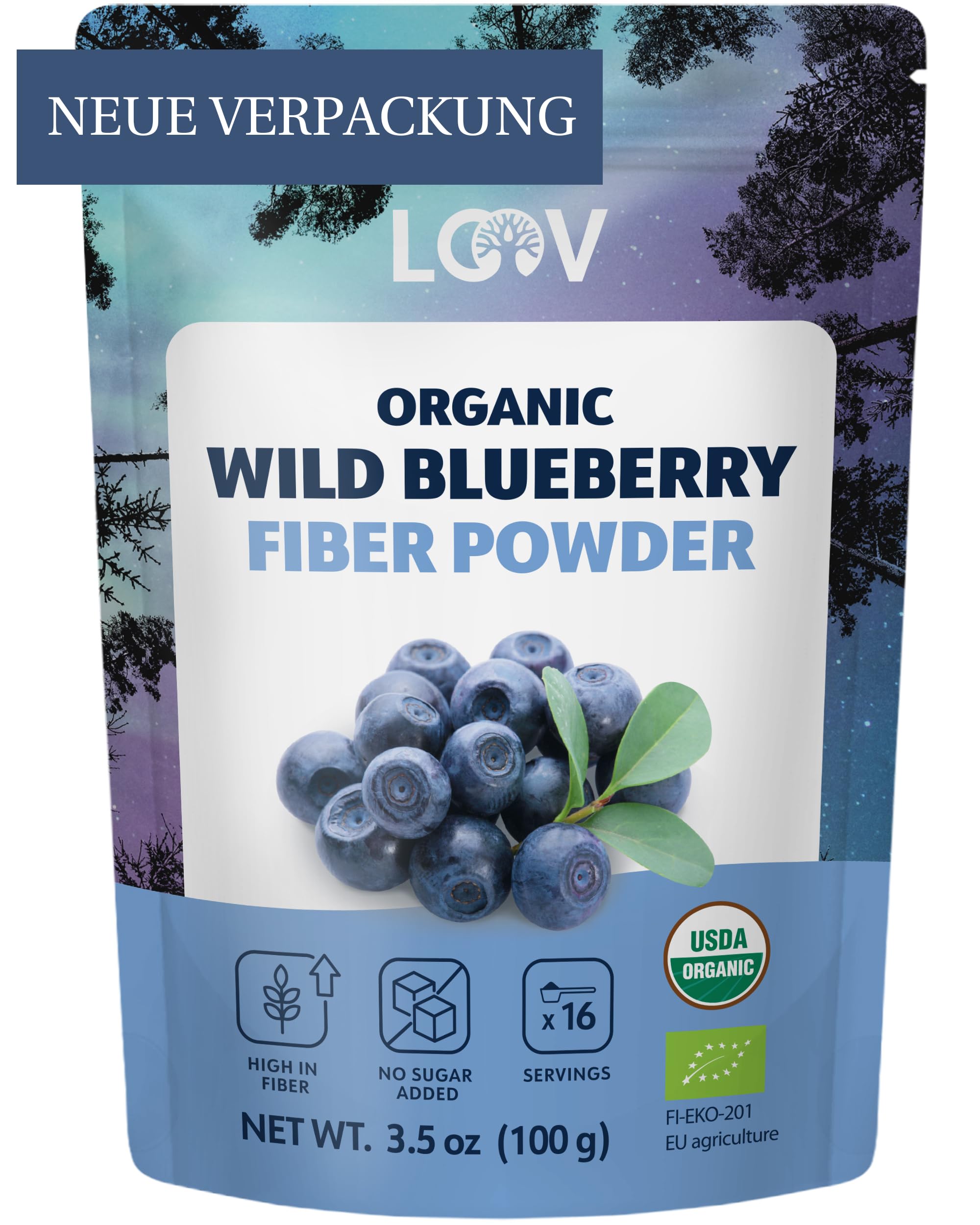 LOOV Bio Wildheidelbeer Pulver (Tresterpulver), wild aus nordischen Wäldern, nur aus Schalen und Kernen von wilden Heidelbeeren hergestellt, ohne Zuckerzusatz, ballaststoffreich, 100 g