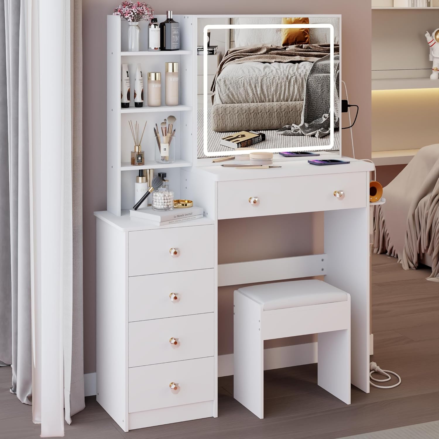 37" Makeup Vanity Desk with Slidding Led Lighted Mirror, Large Storage Dressing Table for Small Space with Multi Hidden Shelves and Cabinet Drawers, Touch Control 3-Color Lighting, Pocket & Holder