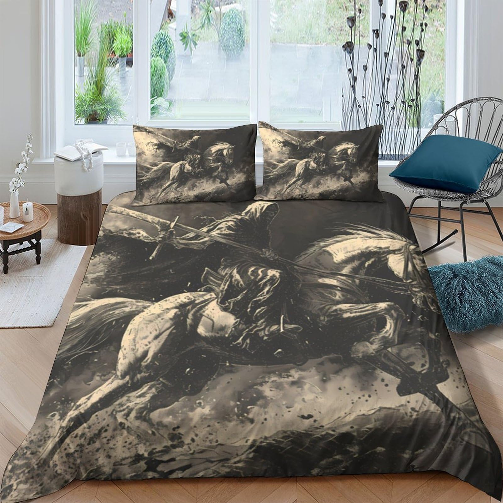 GPLZQXKJNH 3D Printed Medieval Battle Duvet Cover Microfiber Soft Breathable Horse Warrior Bedding Set with 2 Pillowcases for Bedroom Decor, Single（135x200cm）