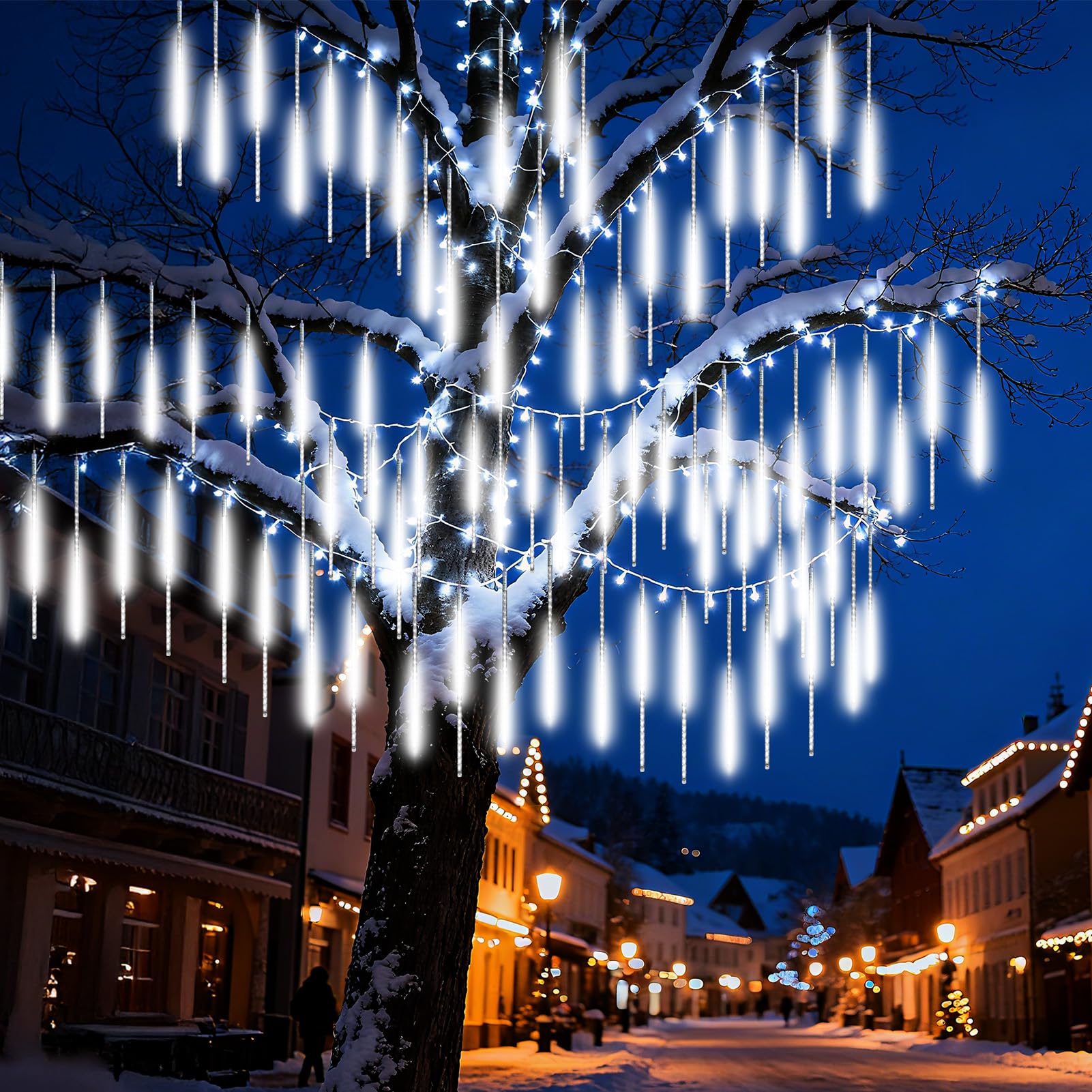 Guirlande Lumineuse LED Pluie Météores - Étanche - 30 Cm - 8 Tubes - 144 LED - Pour Décoration De Jardin, Mariage, Noël Et Fête (blanc