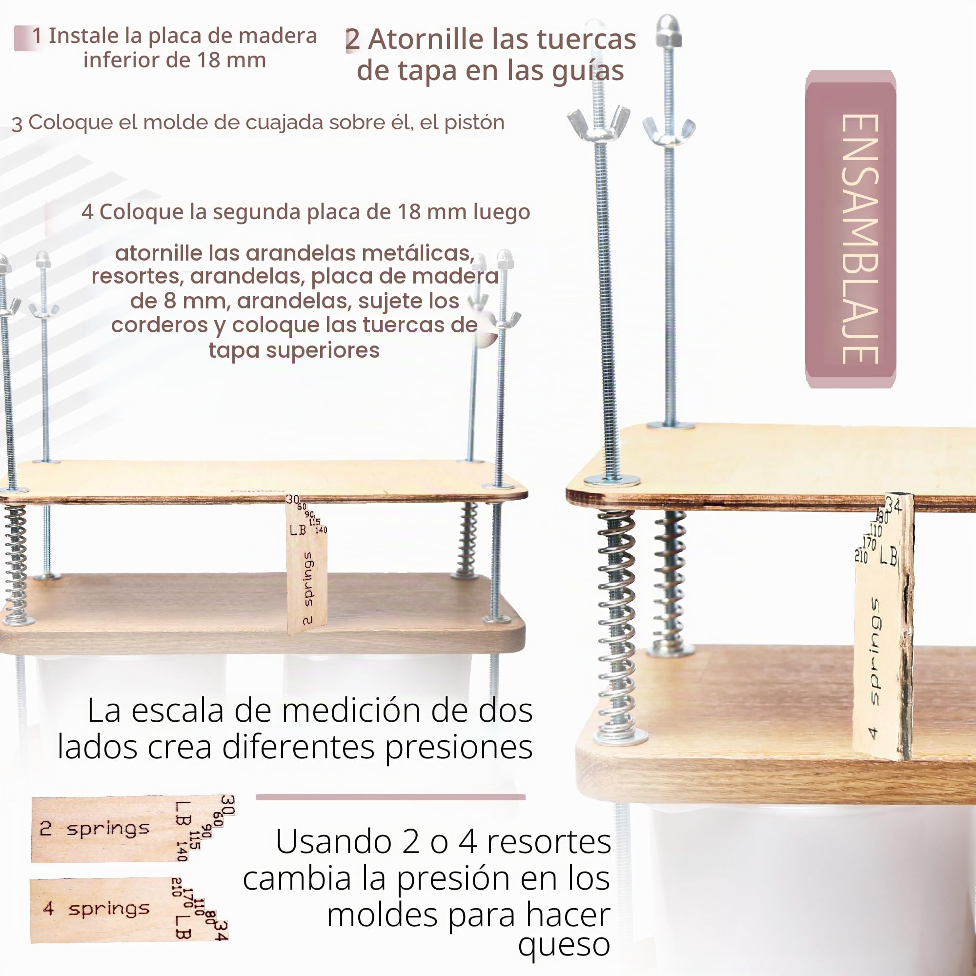 Prensa de queso para hacer queso de 40 cm, roble natural, 18 mm de grosor, kit de fabricación de queso con prensa de queso de madera y 2 moldes de queso de 1.8 L blanco