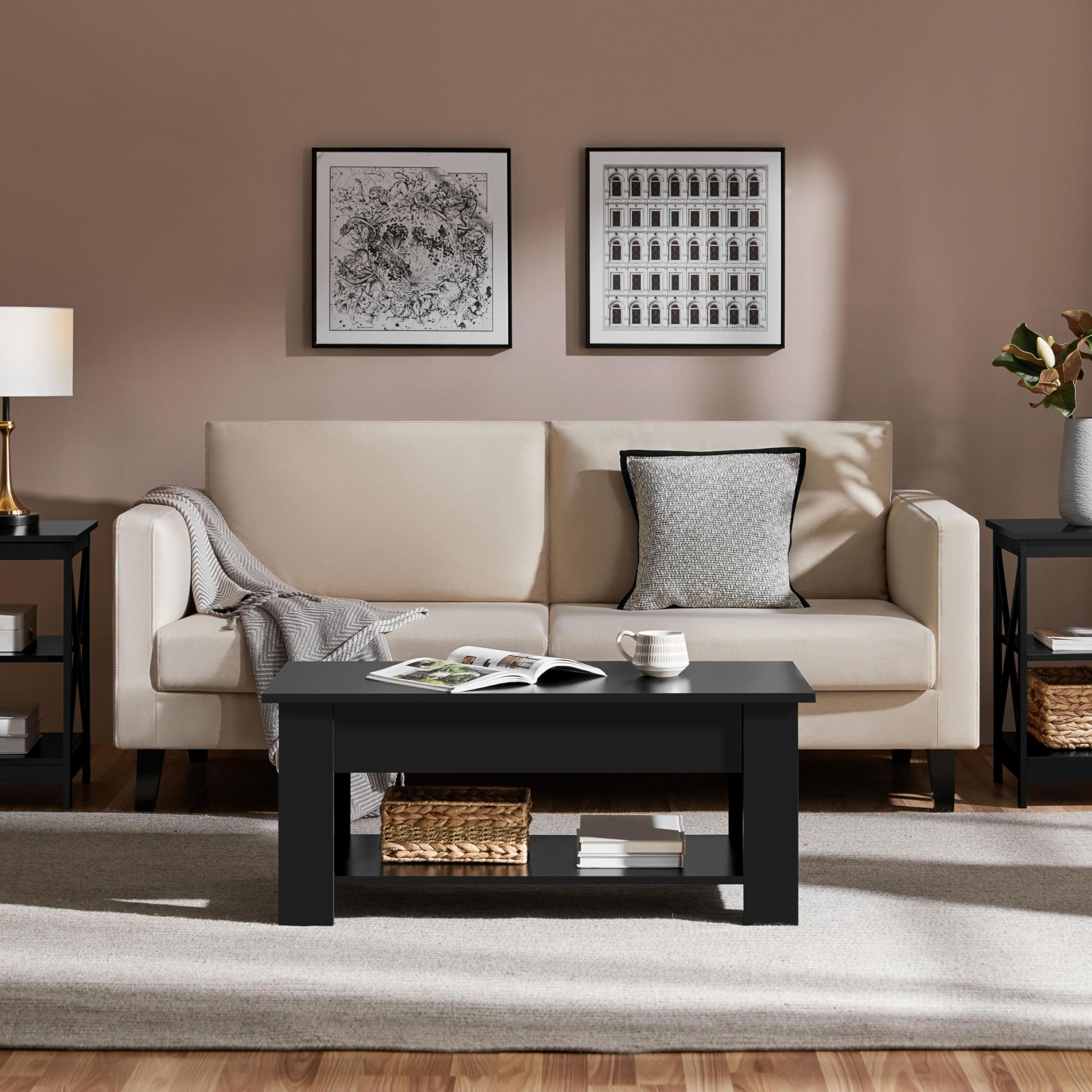 Yaheetech Couchtisch Kaffeetisch höhenverstellbar Wohnzimmertisch mit Ablagefach Sofatisch Beistelltisch Teetisch aus Holz Schwarz – Bild 4
