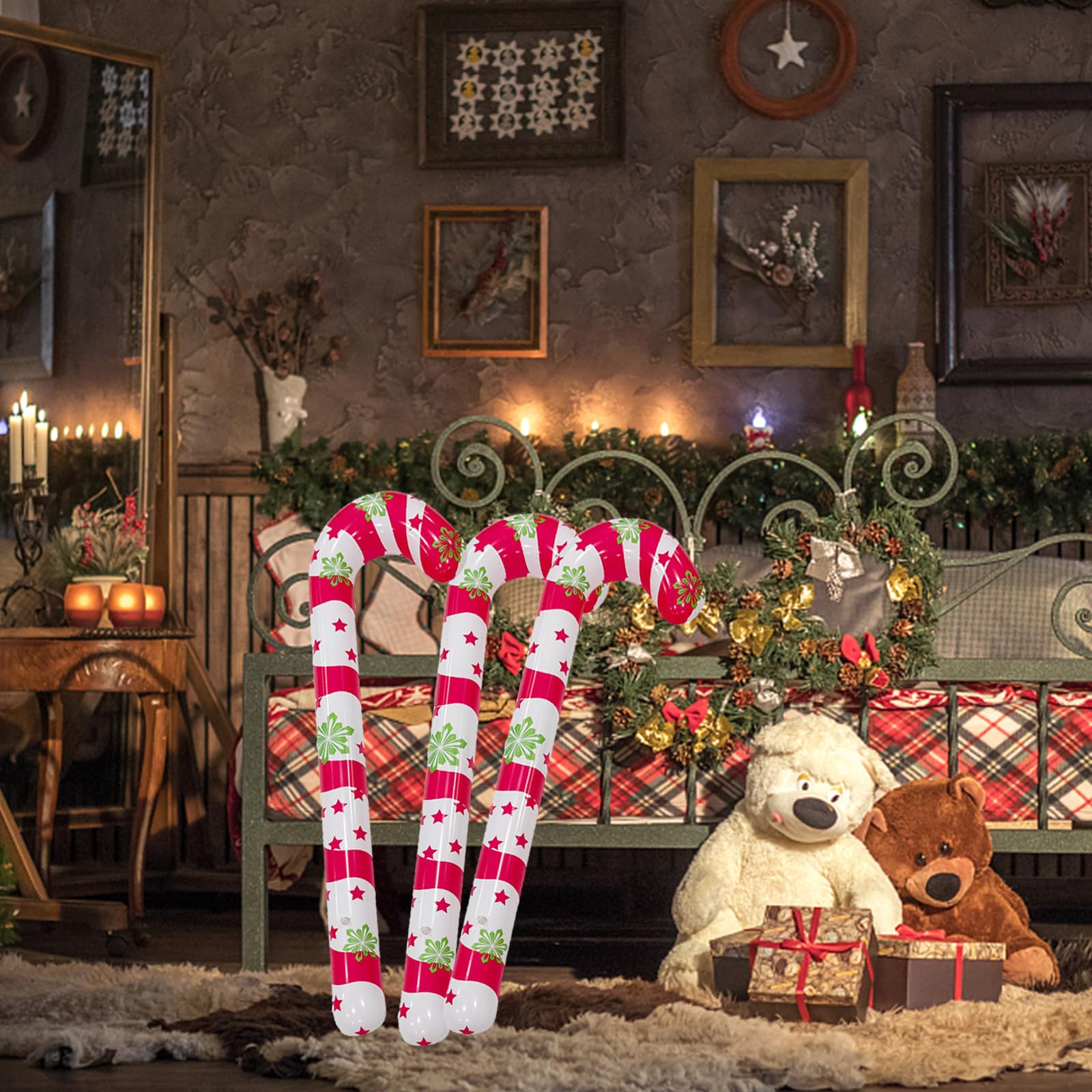 3 Piezas Bastón De Caramelo Inflable, De Bastones de Caramelo inflables, Hinchable Bastón Caramelos -Rojo Blanco Bastón Caramelo con Patrón Copo, Decoracion Navidad Decoracion Al Aire Libre Decoración