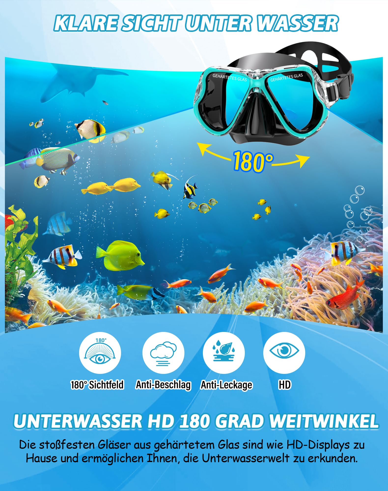 Schnorchelset Erwachsene 3-in-1,Anti-Fog & Leck Tauchmaske mit gehärtetem Glas, Dry Top Schnorchel & verstellbare Flossen – Schnorchelausrüstung für Schwimmen & Reisen