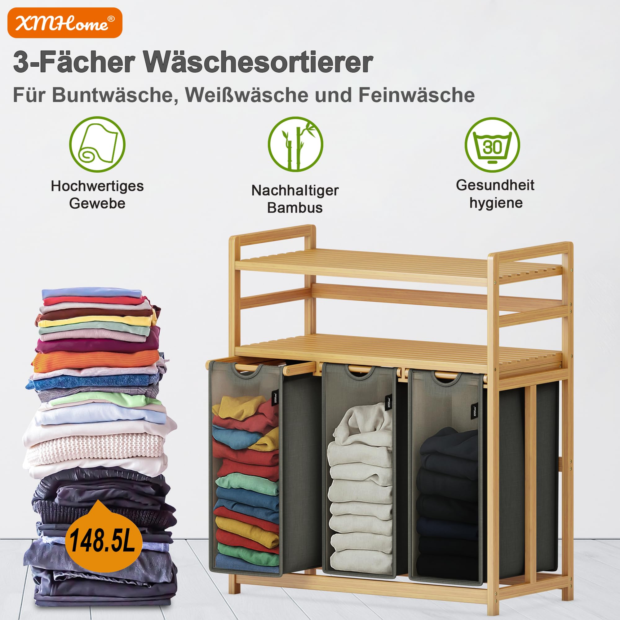 Wäschesammler 3 fächer 148 Liter aus Bambus mit 2 Ebenen Großer Wäschekorb mit Herausnehmbarem Wäschesack Rechteckige Wäschebox für Bad Schlafzimmer und Waschküche 77.5x41.3x100.5CM Dunkelgrau