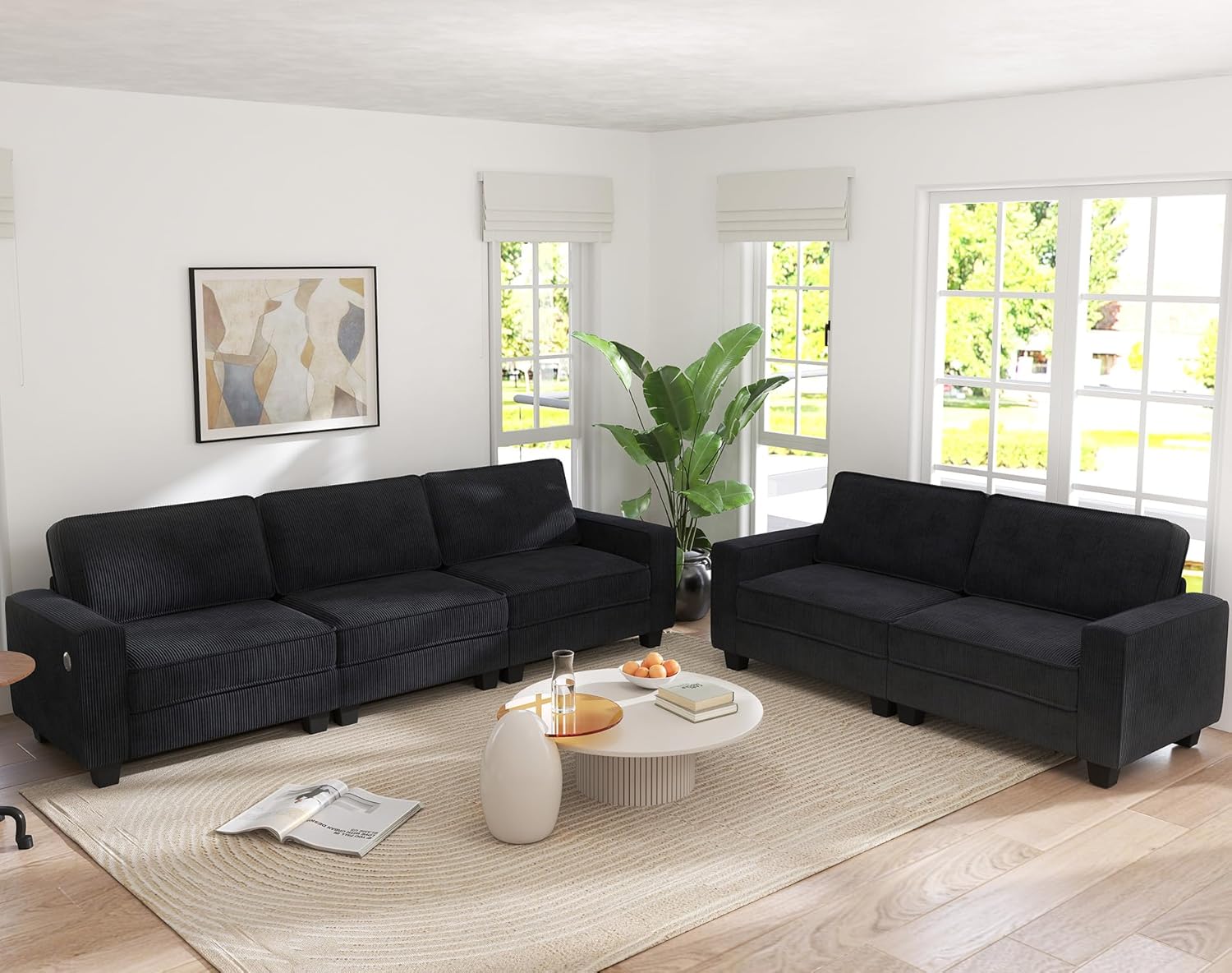 Bonzy Home 2 Pieces Couch Set, 3-Seater Couch and Loveseat Sets, Modern Corduroy Sofa with Thickened Cushion and USB Type C Dual Charging Ports for Living Room, Black