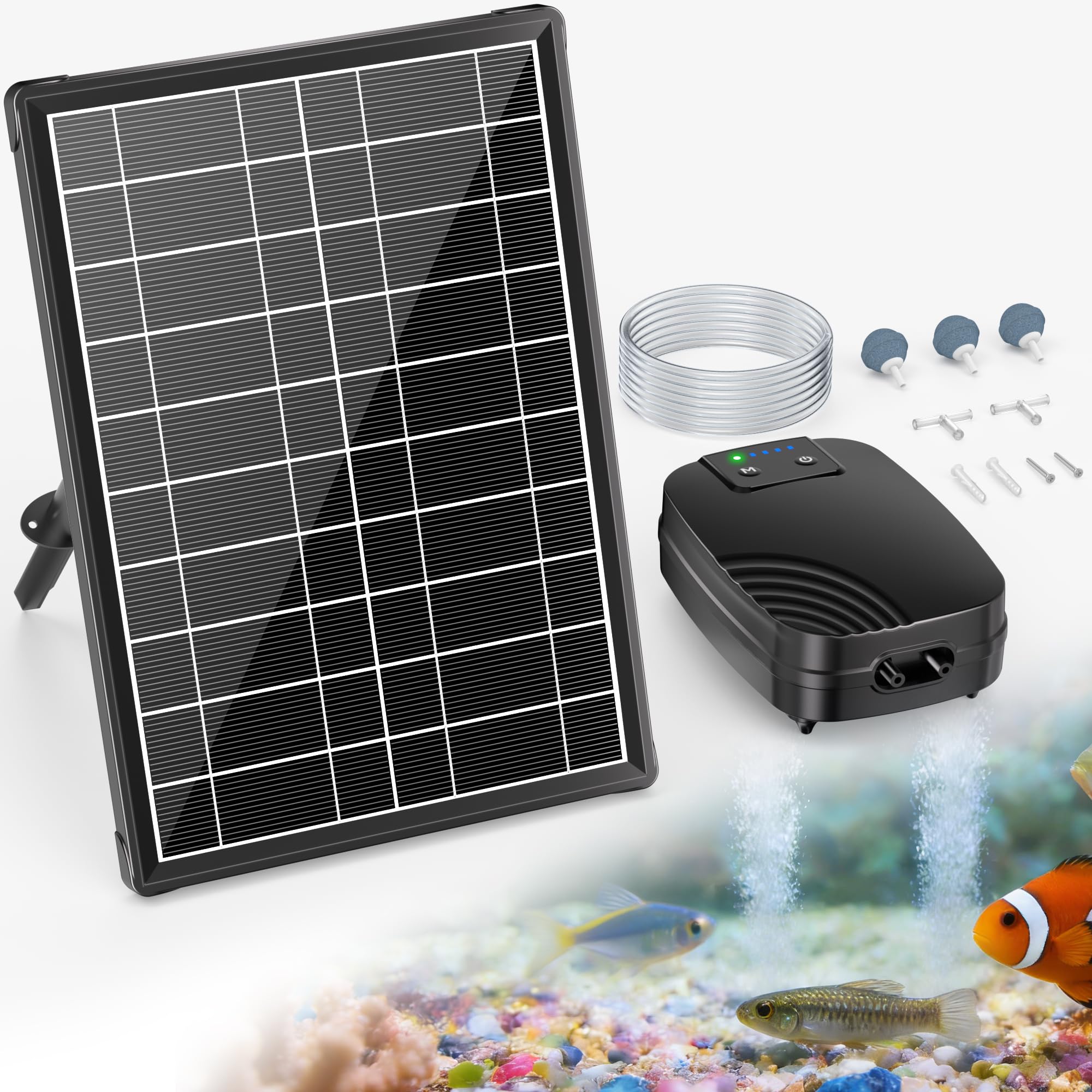 POPOSOAP Aireador solar de 8 W, bomba de oxígeno solar para estanque con batería solar de doble fuente de alimentación, ventilación continua de 24 horas, 3 modos de funcionamiento para estanques