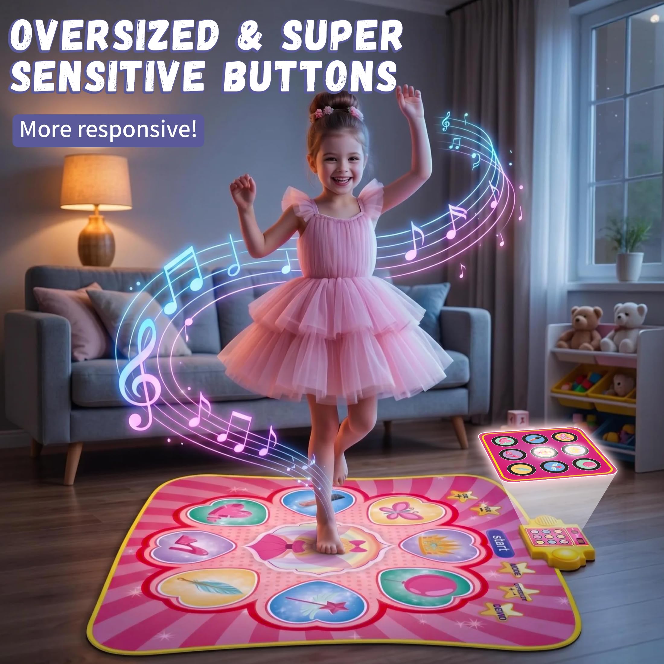 YESHIN Tapis de Danse Enfant 9 Touches avec Musique et Lumières LED, 3 Modes de Jeu, 8 Chansons & 7 Volumes, Grandes Touches Sensibles, Jeu Musical Interactif Cadeau Fille 3–12 Ans (Rose)