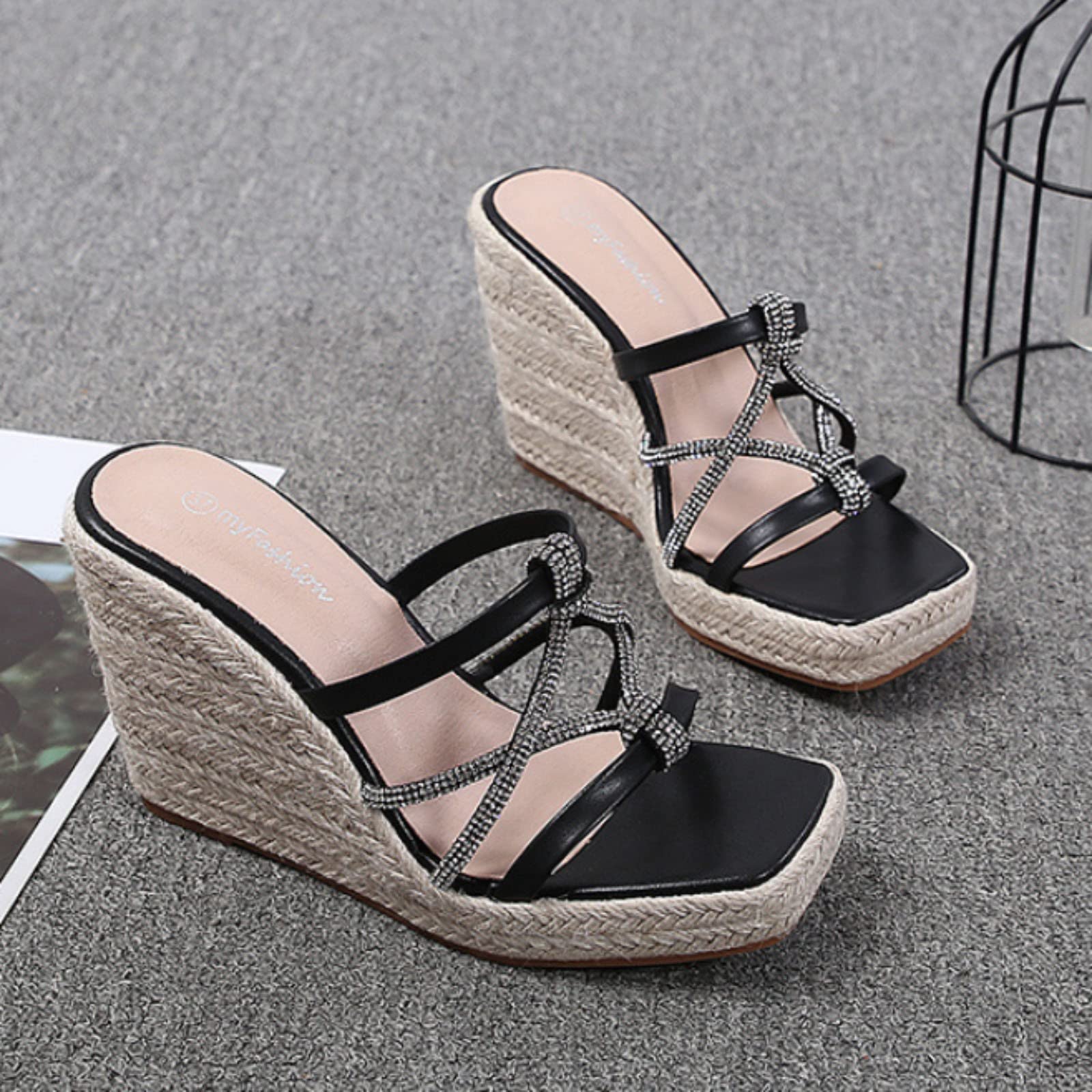 Ciabatte Mare Donna Sandali Espadrillas Con Strass Infradito Zeppa In Per E Zeppe Estive Casa Ciabatte-Donna- Gomma Pelle Antiscivolo Di Fibbia Scarpe Estivi Aperte Eleganti Comode