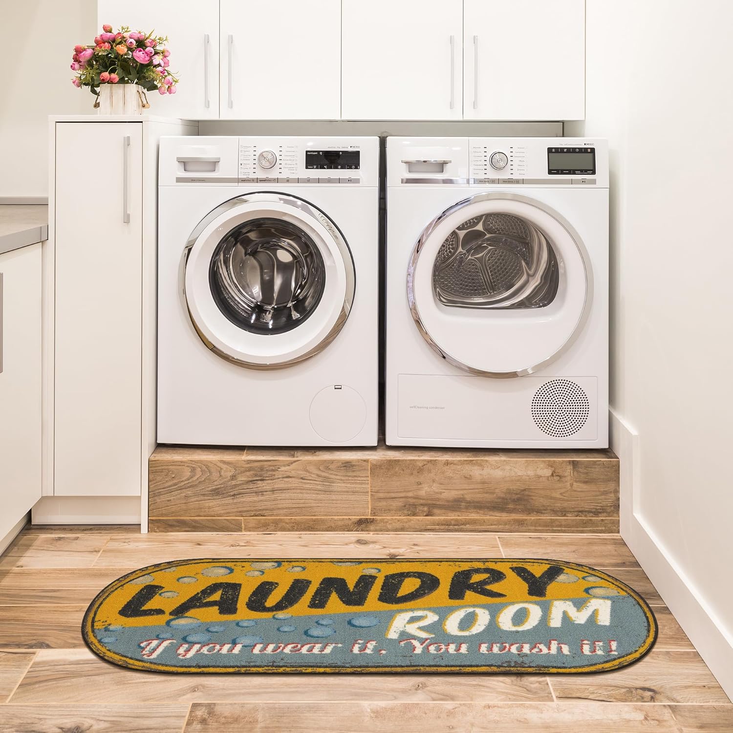 Ottomanson 20" x 59" Oval Laundry Room Rug - Non-Slip Mat for Laundry & Mudroom - Durable, Stain-Resistant, and Easy to Clean - Perfect for High-Traffic Areas - Runner Rug for Entryway, Yellow/Gray