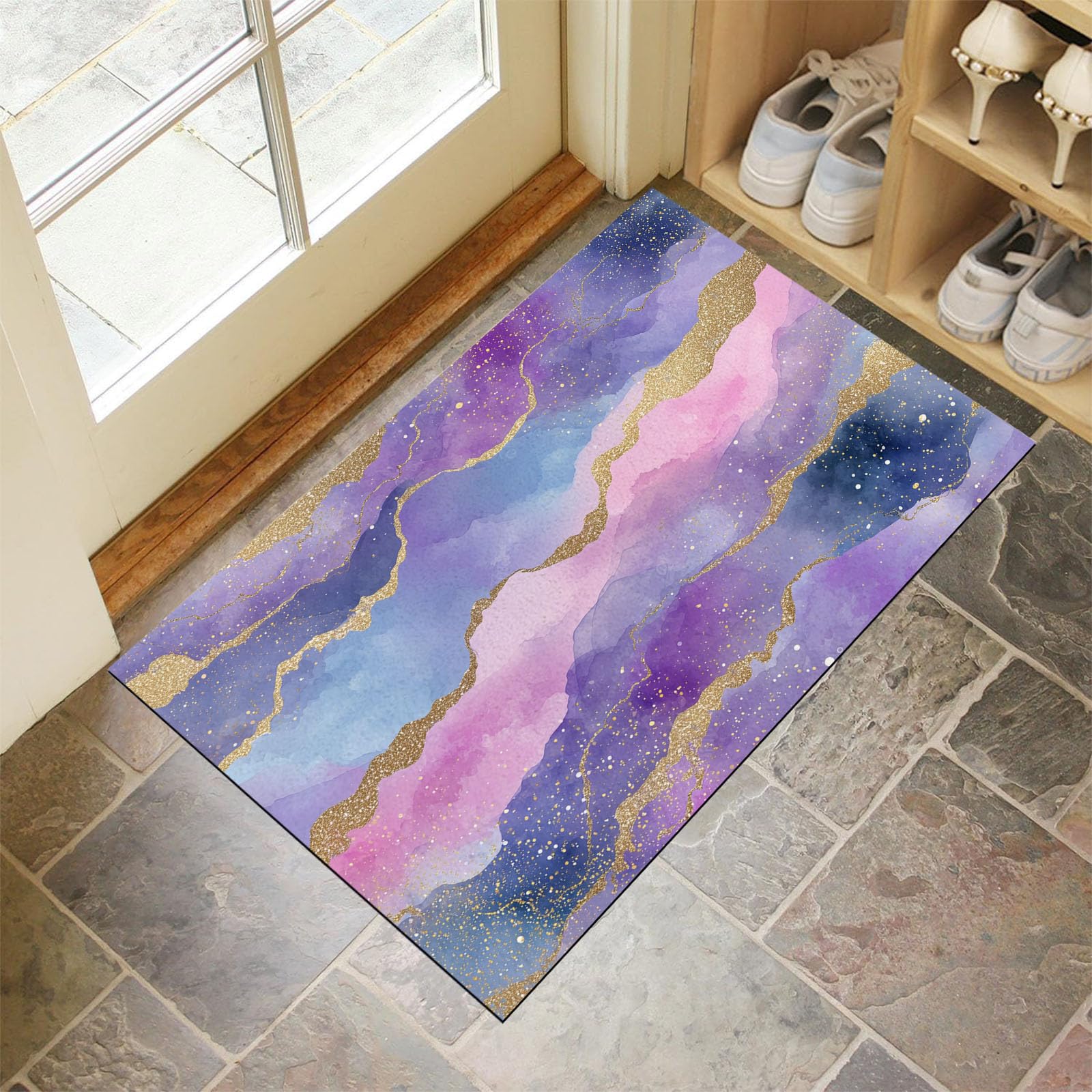 Tapis décoratif lavande et feuille d'or style marbre 50x80