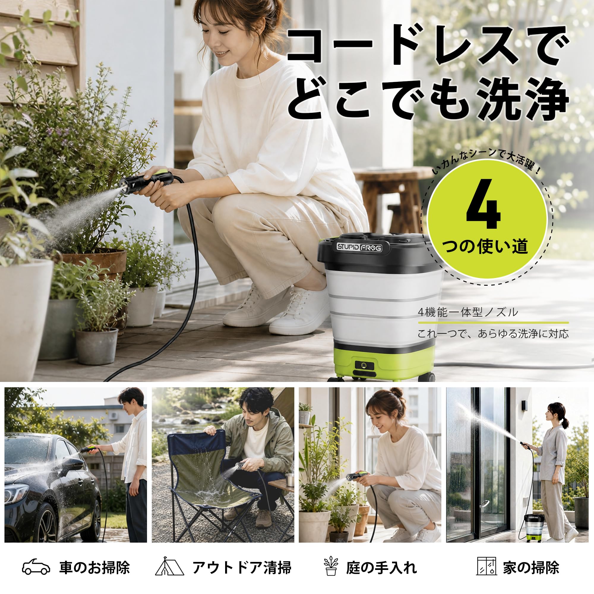 Amazon | StupidFrog 高圧洗浄機 コードレス 12L折りたたみバケツ一
