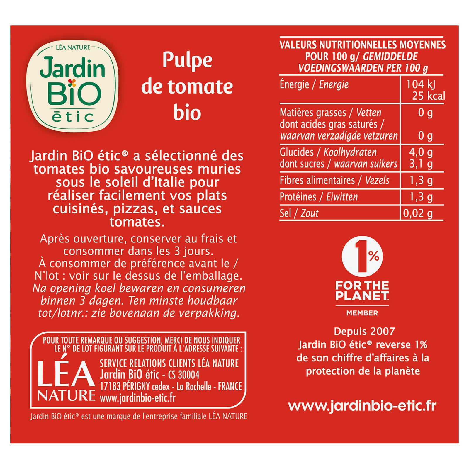 Jardin BIO étic - Pulpe de Tomate sans sel ajouté 500g