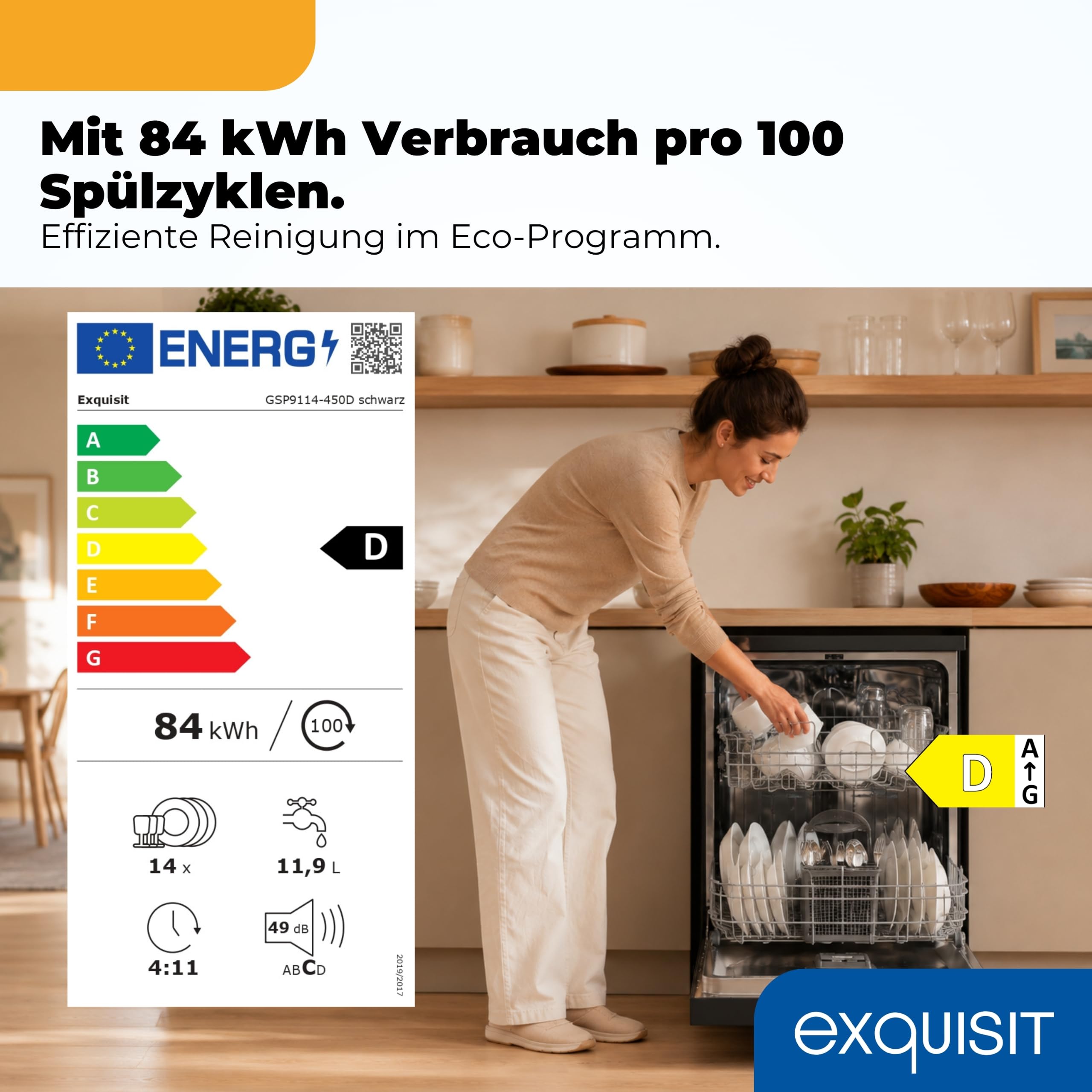 Exquisit Geschirrspüler 60cm 14 Gedecke Energieklasse D 49 dB GSP9114-450D schwarz