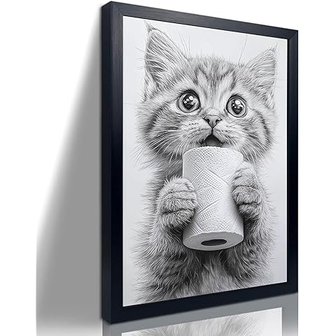 Bathroom Picture Wall Decor, Framed Black and White Bathroom Wall Art, Toilet Paper in Little Funny cat Hand Animal Canvas Print Painting