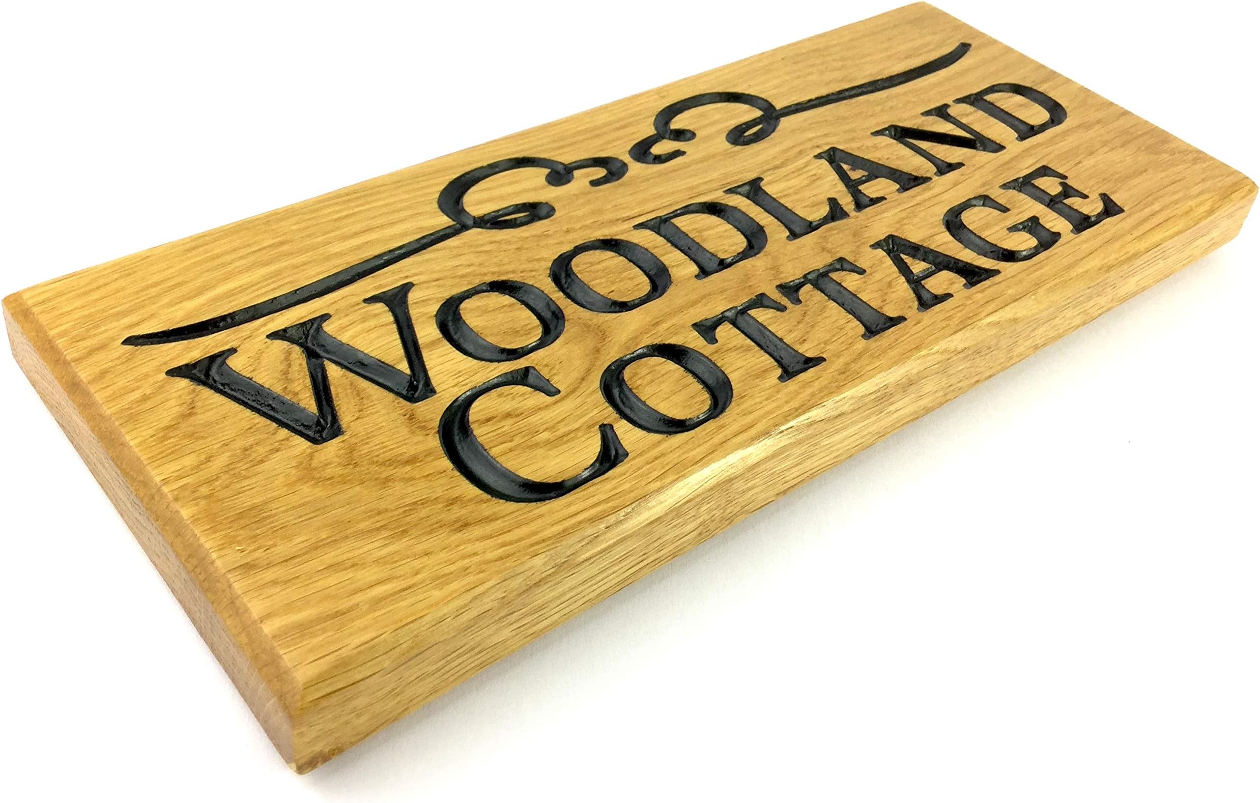 Personalised house sign with optional scroll image 265x110mm small hand finished modern solid oak engraved wooden house name garden gate shed number street door plaque gifts