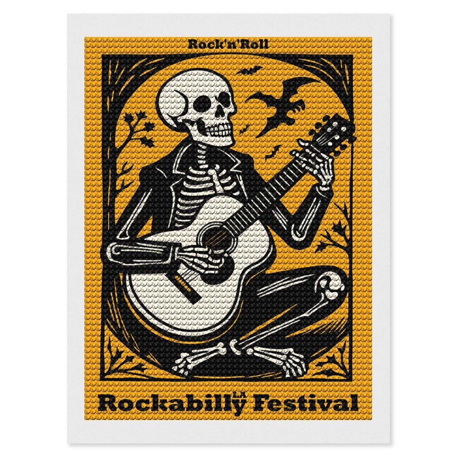 Junmoney Rockabilly Festival Skeleton Guitarist Diamond Painting Canvas Set 12"x16", Easy to Enjoy, Adhesive Canvas, Office Decor, Holiday Gift Idea, with Tool Kit